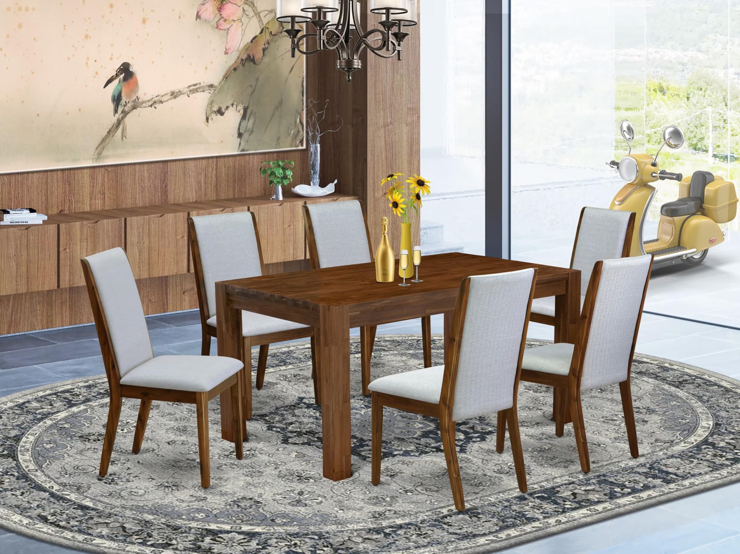 East West Furniture Cnla7-N8-05 7 Piece Modern Dining Table Set Consist Of A Rectangle Rustic Wood Wooden Table And 6 Grey Linen Fabric Upholstered Chairs, 36X60 Inch, Natural