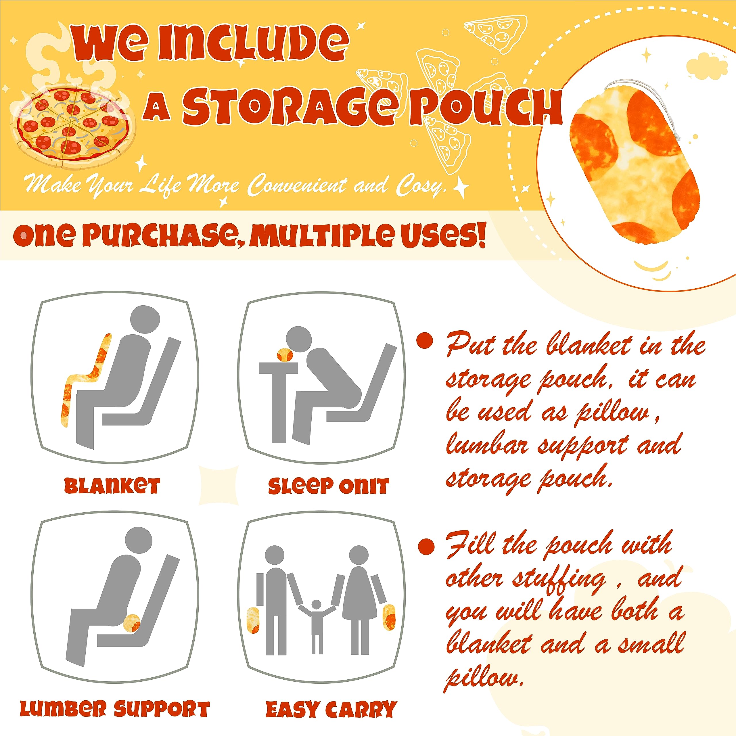 Bnuitland 71/80 Inches Pizza Funny Blanket With Pizza Pouch,300 Gsm Double Sided Giant Funny Realistic Food Blanket For Your Fam