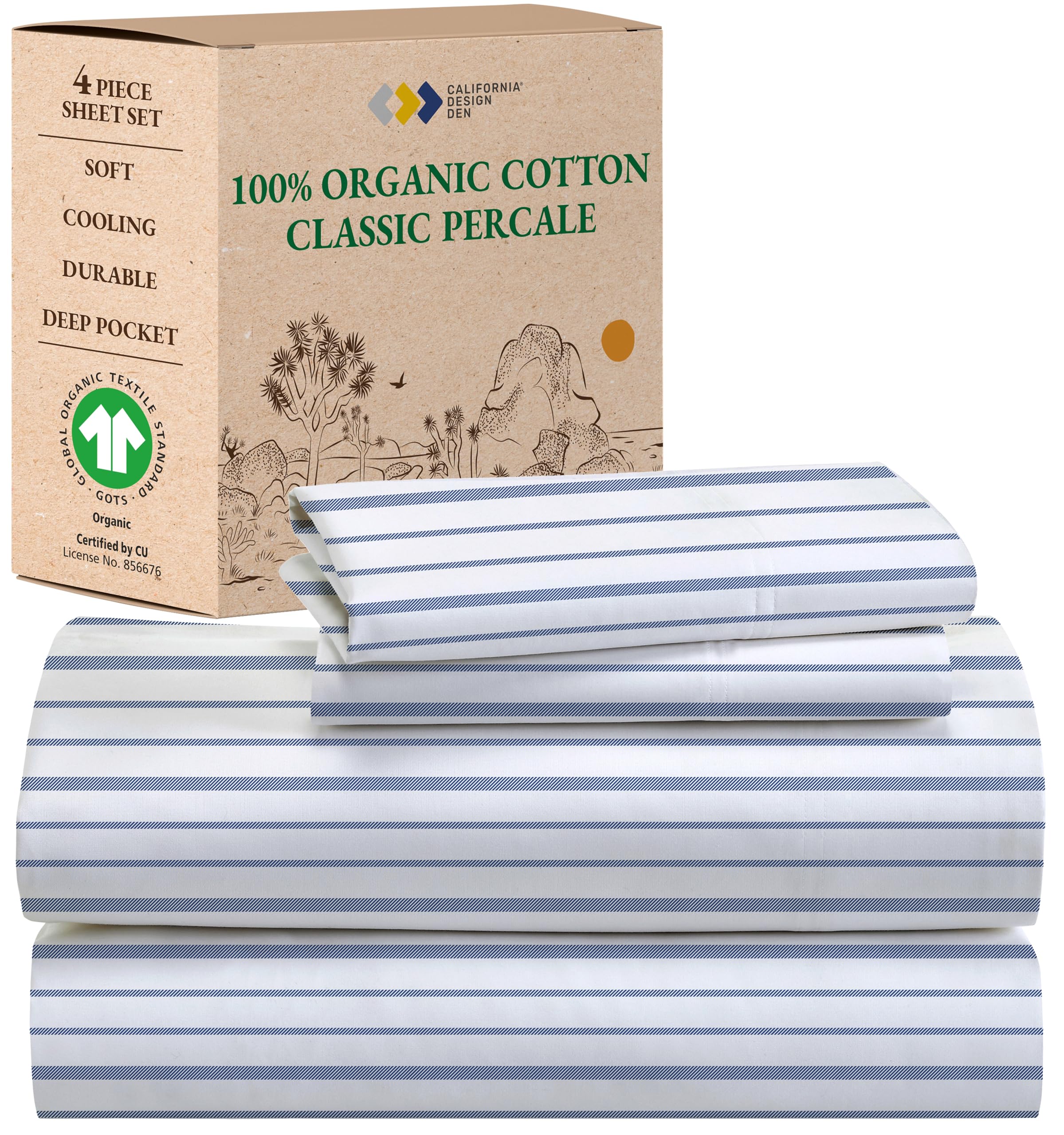 California Design Den Full Sheet Set Stripe, 100% Organic Cotton Percale Sheets, Deep Pocket Full Sheets & Pillowcase Set - Blue Stripe
