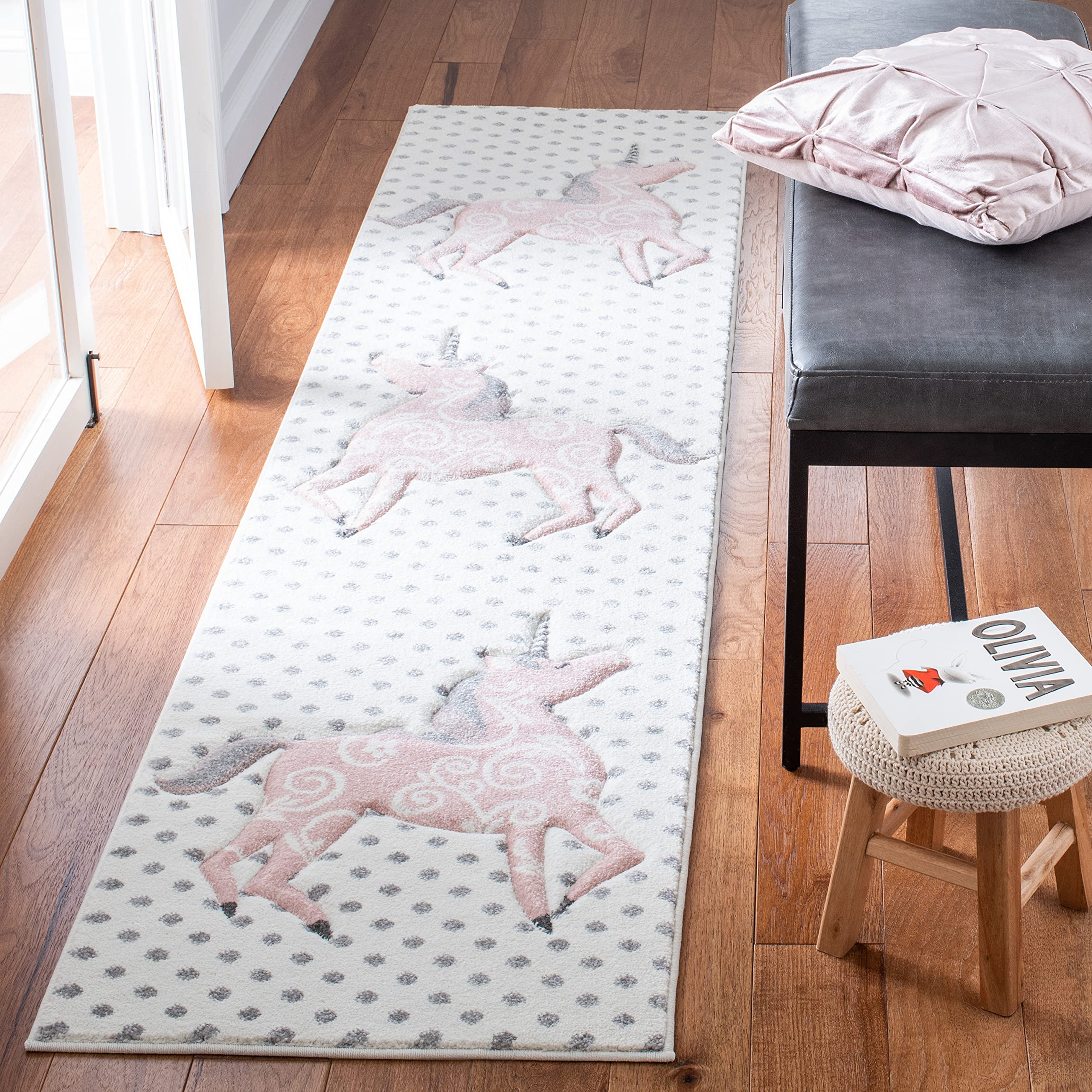 Safavieh Carousel Kids Collection Runner Rug - 2' X 8', Ivory Grey & Pink, Non-Shedding & Easy Care, Ideal For High Traffic Area