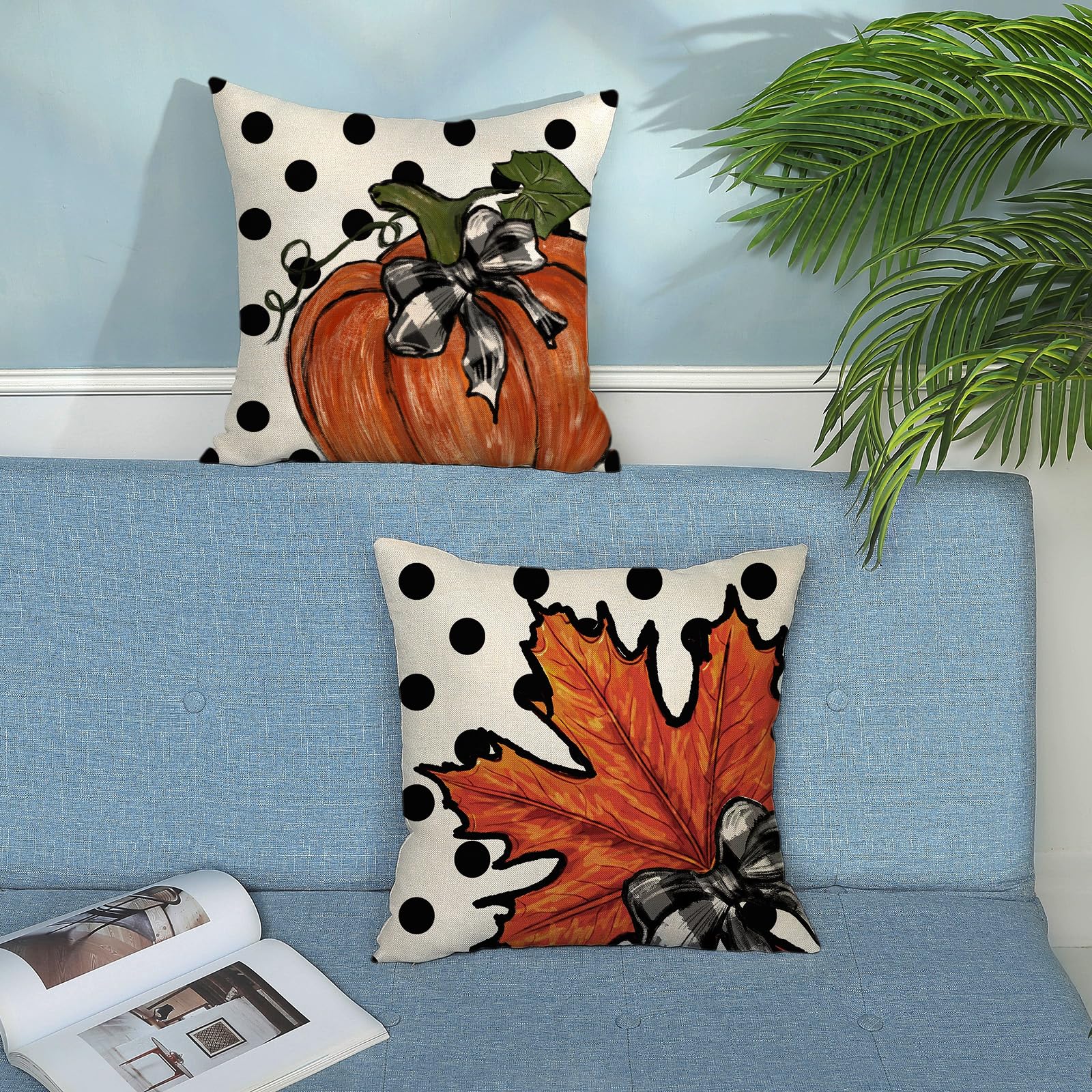 Fall Pillow Covers 18 X 18 Inch Set Of 2 Autumn Polka Dot Pumpkin Maple Leaves Throw Pillow Covers Outdoor Thanksgiving Harvest