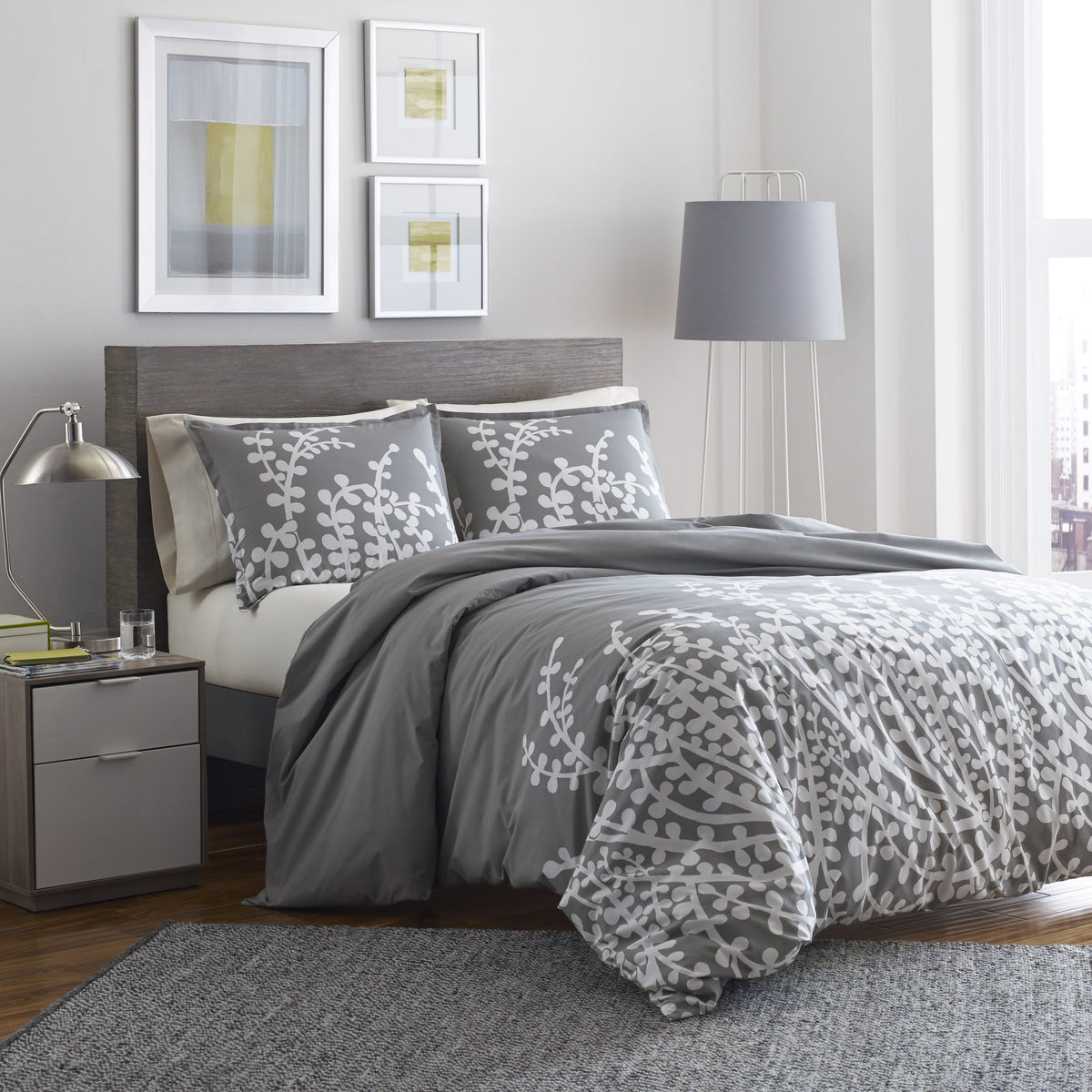 City Scene - Full/Queen Duvet Cover Set, Cotton Bedding With Matching Shams, Softens With Each Wash (Branches Grey, Full/Queen)