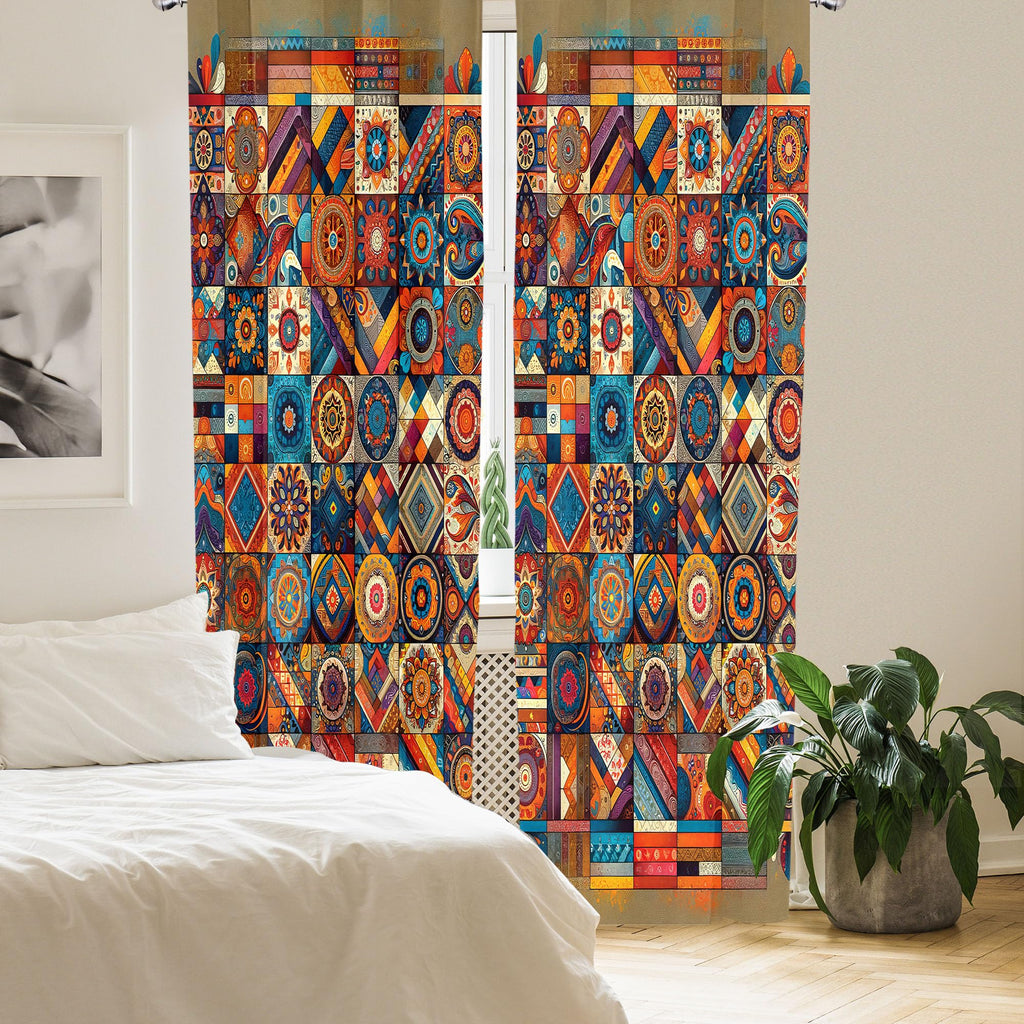 Ambesonne Bohemian Curtains, Patchwork Inspired Squares With Mandala Blooms And Folk Geometric Art, Window Treatments 2 Panel Se