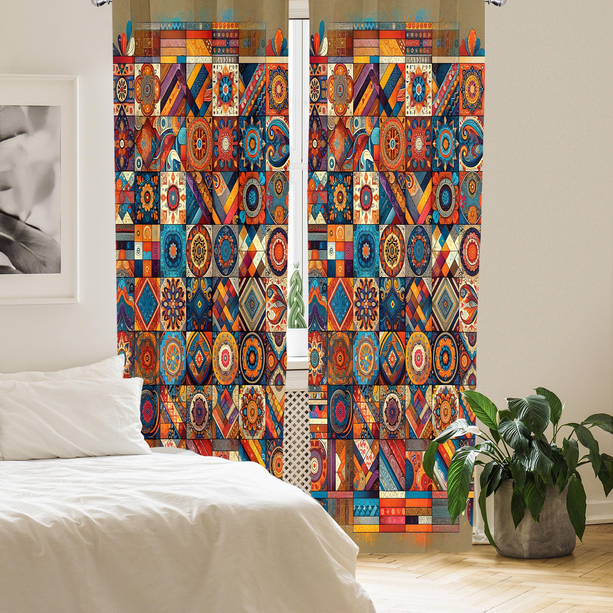 Ambesonne Bohemian Curtains, Patchwork Inspired Squares With Mandala Blooms And Folk Geometric Art, Window Treatments 2 Panel Se