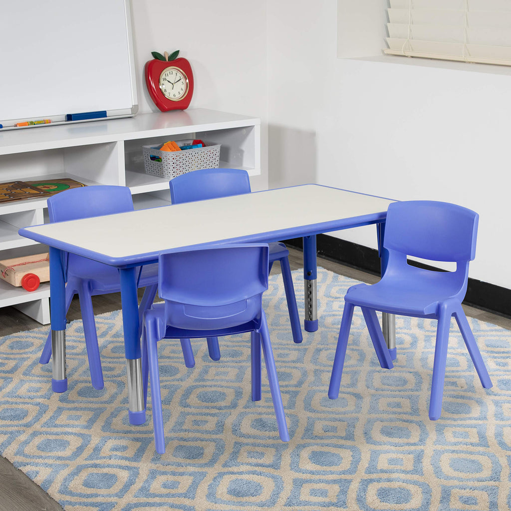 Flash Furniture Emmy 23.625''W X 47.25''L Rectangular Blue Plastic Height Adjustable Activity Table Set With 4 Chairs