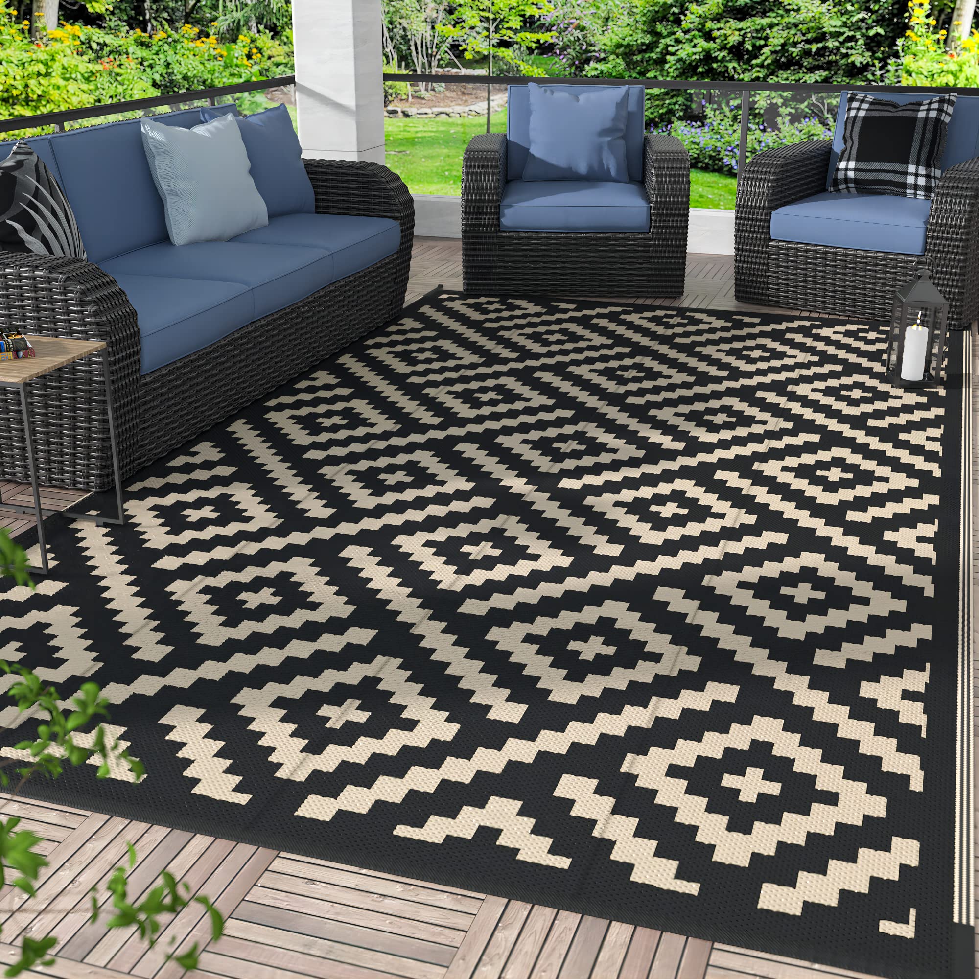 Genimo Outdoor Rugs 8X10 Waterproof, Reversible Mats, Area Plastic Straw Rug, Outside Carpet, Geometric Rv Mat For Patio Camping