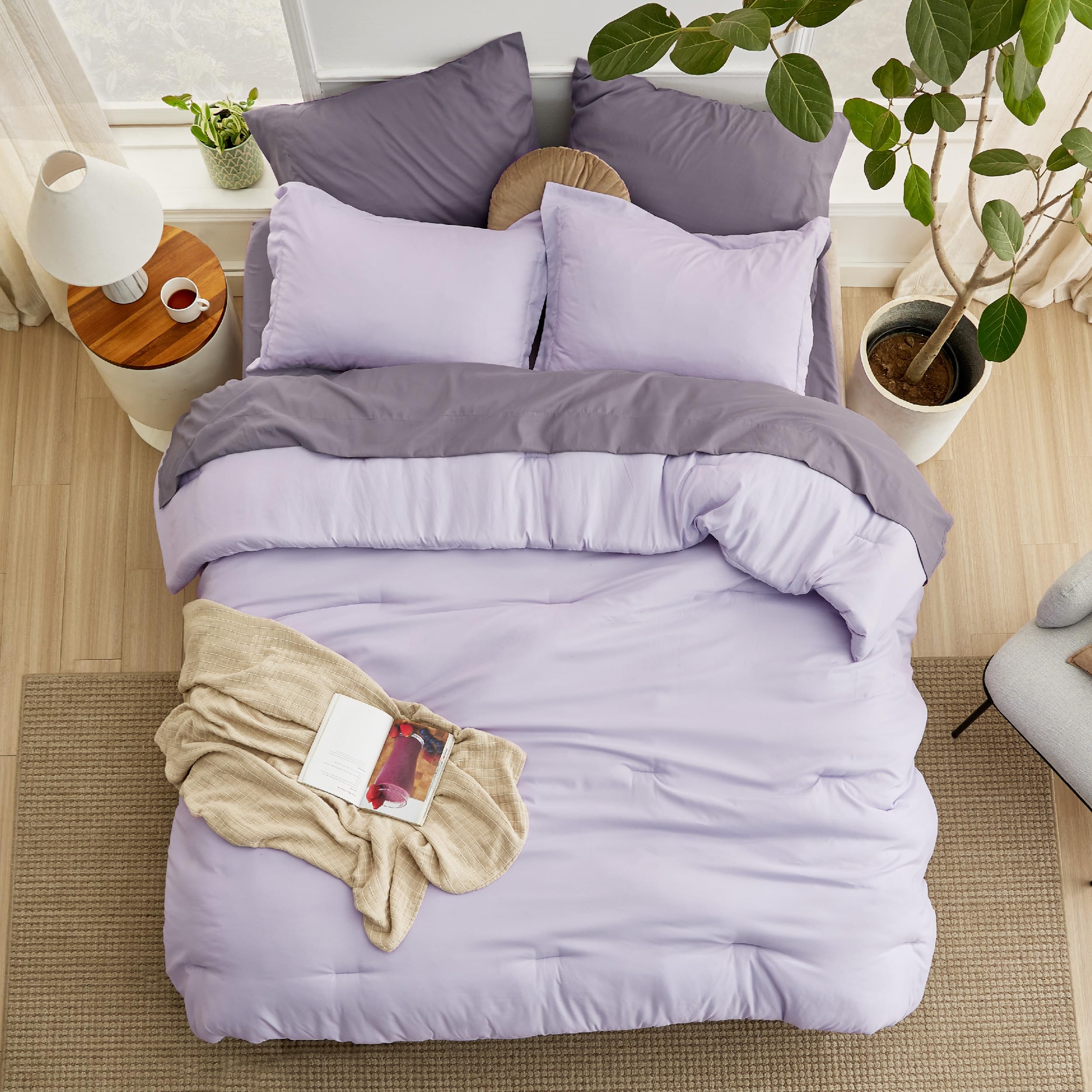Bedsure Twin Comforter Set - 5 Pieces Lavender Twin Bedding Set For All Seasons, Boho Contrasting Design Bed In A Bag With Comforter, Sheets, Pillowcase & Sham