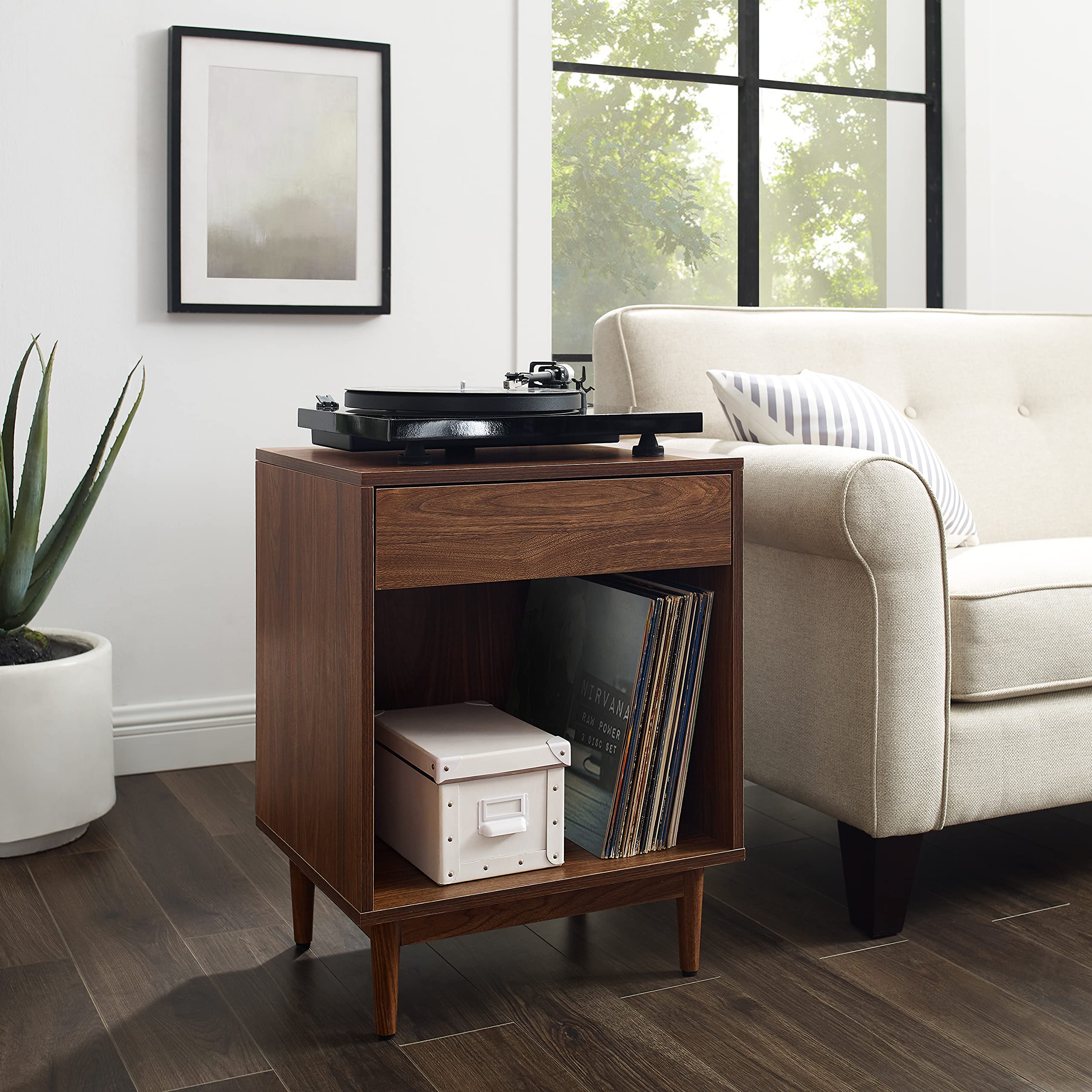 Crosley Furniture Liam End Table And Record Player Stand With Storage For Vinyl Records, Walnut