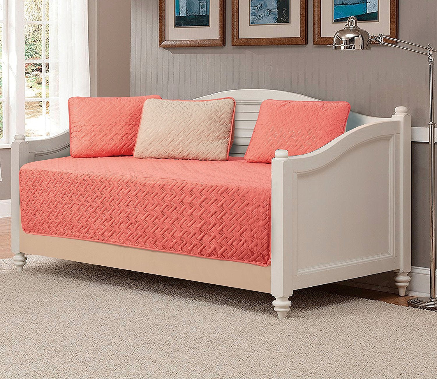Linen Plus 5Pc Daybed Cover Solid Embossed Bedspread New (Coral/Khaki Beige)