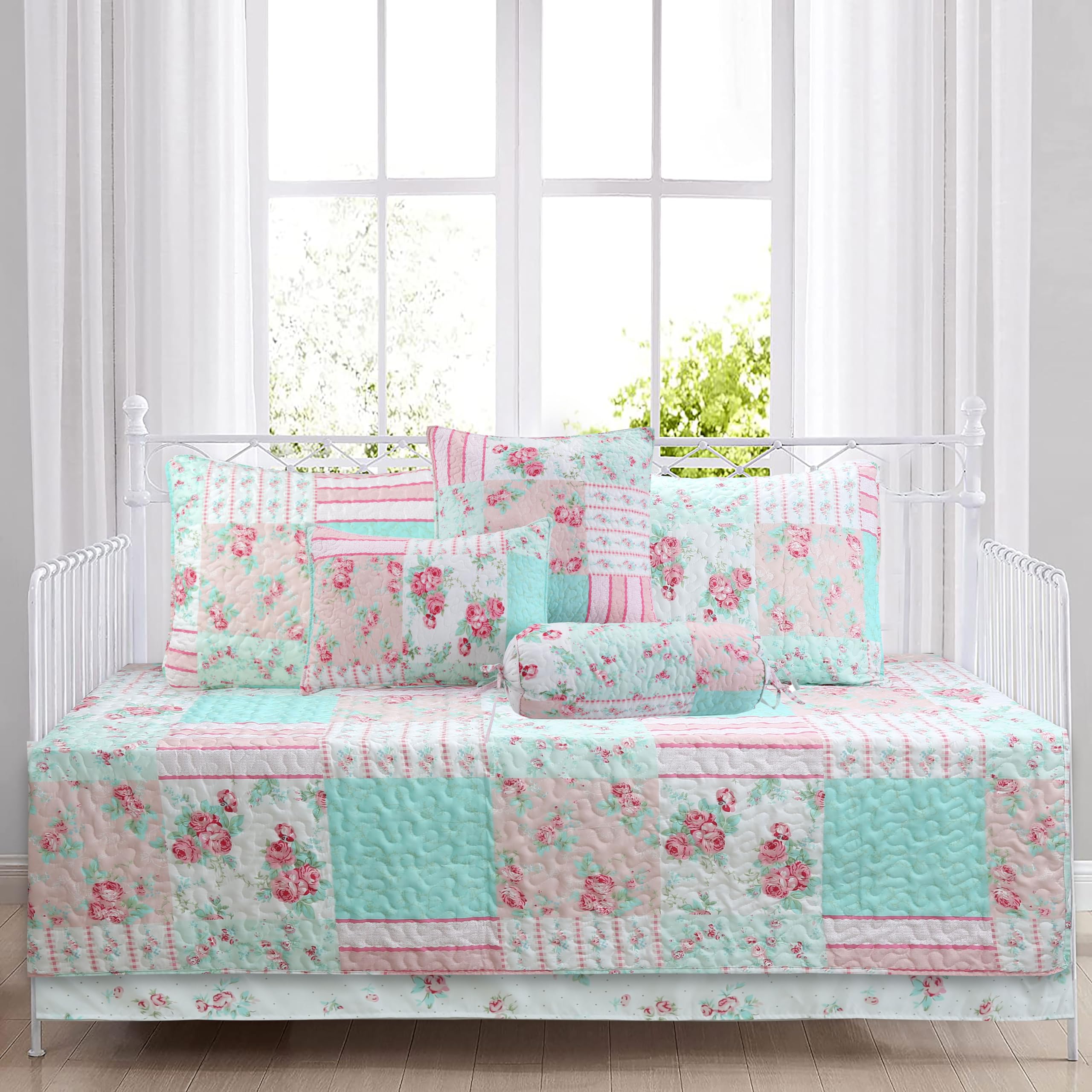 Cozy Line 7 Piece Daybed Cover Set - Pink Garden Bloom Floral Blue Rose Spring Reversible All Season Luxury Bedding With Bedskir