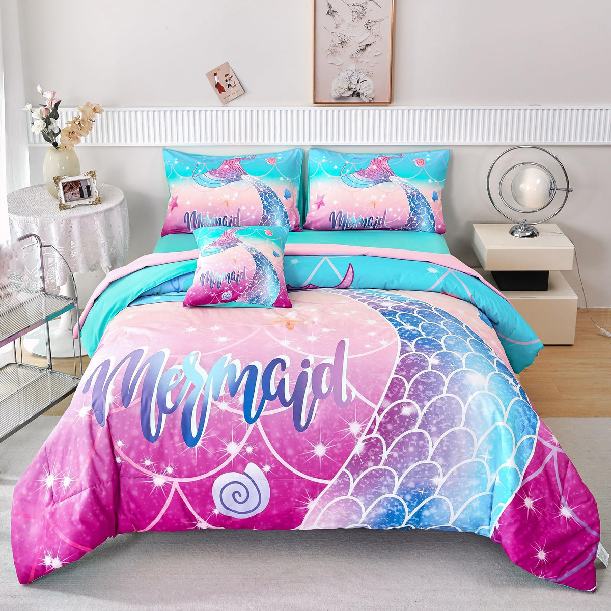Rynghipy Kids Girls Comforter Set 6Pcs, Mermaid Bed In A Bag Twin Size, Fish Tail Print Teens Girls Bedding Set, Rainbow Bedding