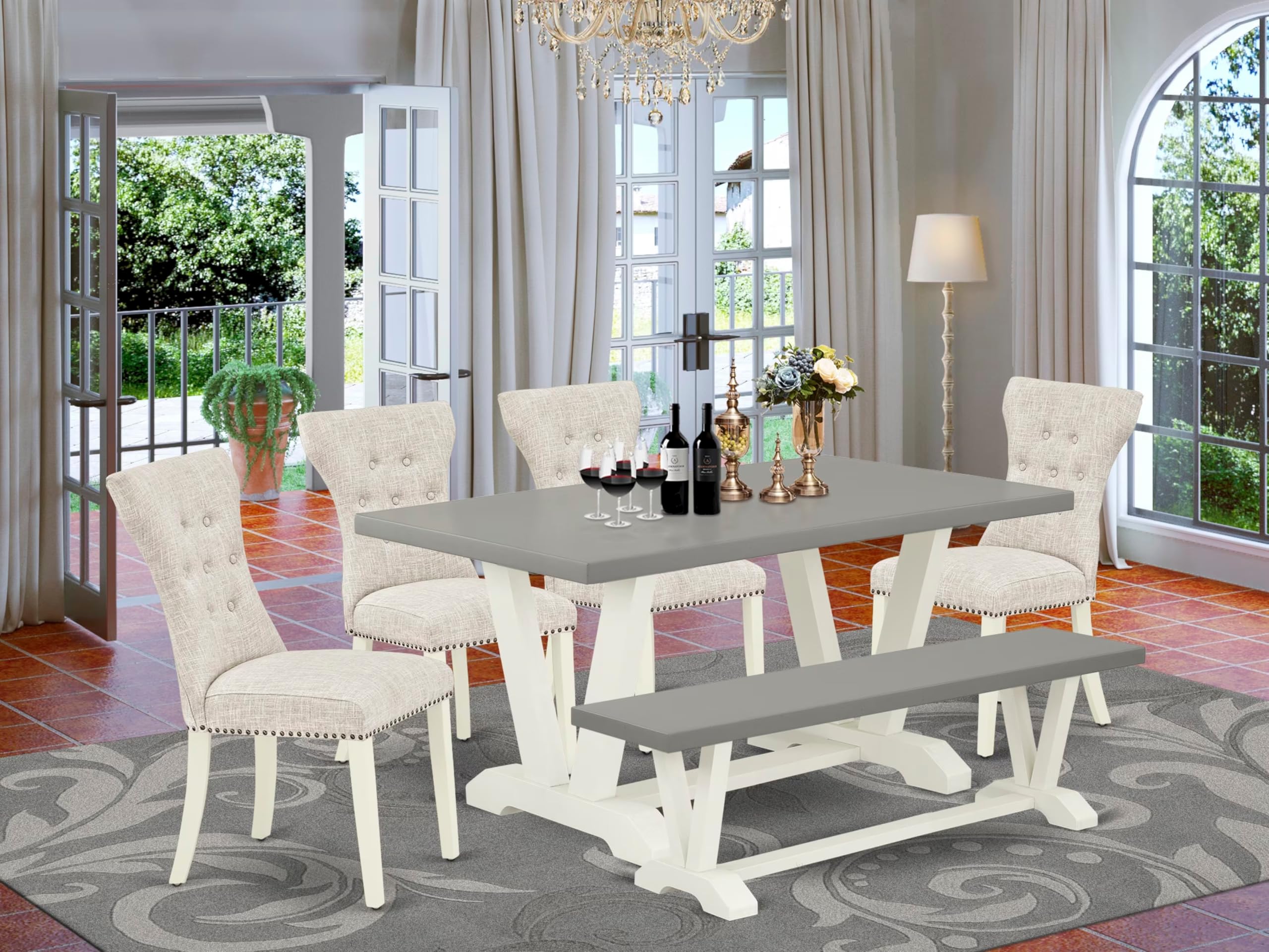 East West Furniture V096Ga235-6 6 Piece Dining Table Set Contains A Rectangle Dining Room Table With V-Legs And 4 Doeskin Linen Fabric Parson Chairs With A Bench, 36X60 Inch, Multi-Color