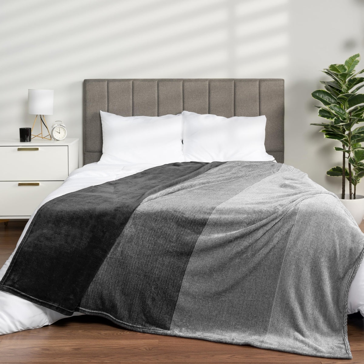 Pavilia Black Ombre Fleece Blanket For Twin Size Bed, Soft Blanket For Bed Sofa Couch, Plush Lightweight Gray Black Blanket, Coz