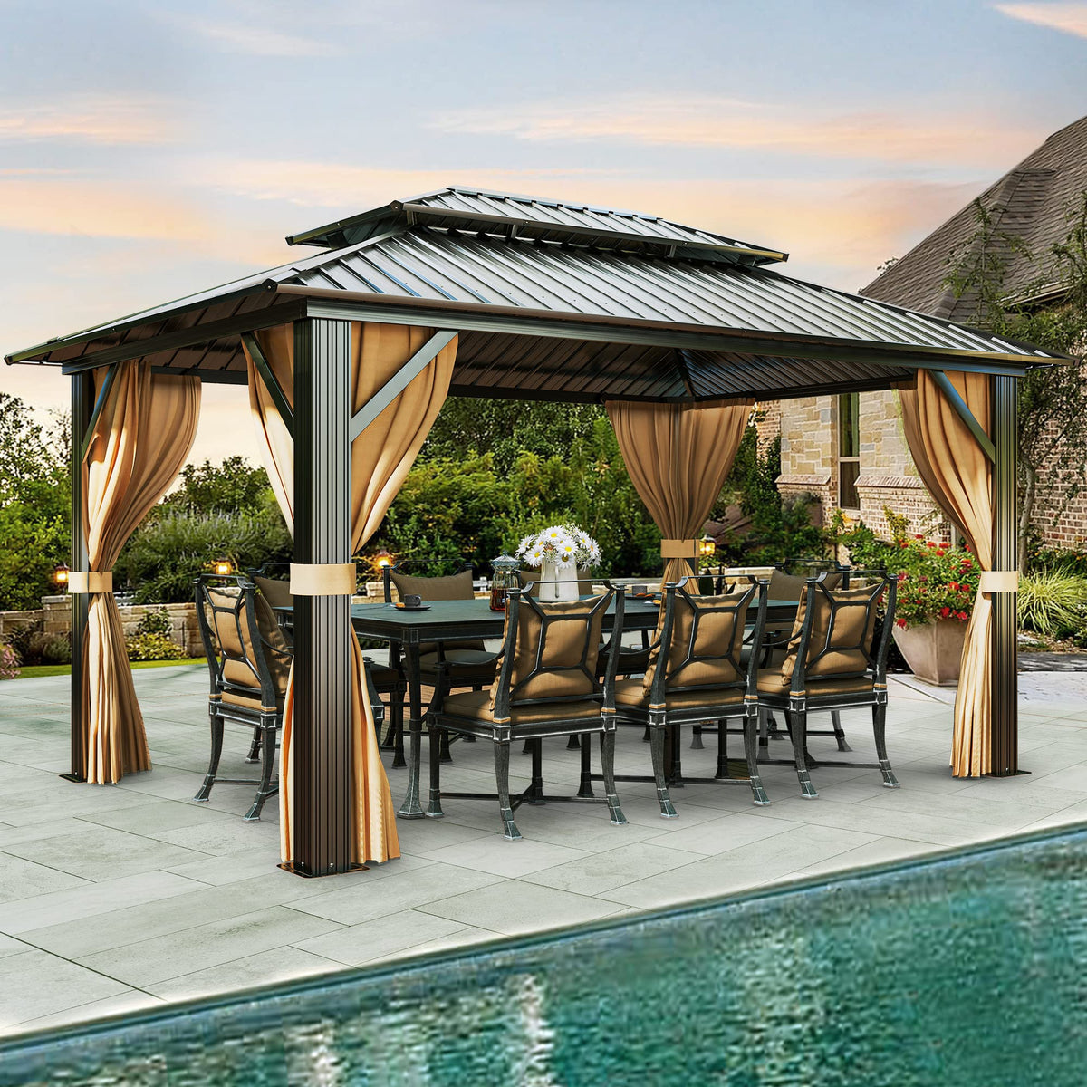 Yitahome 12X16Ft Gazebo 2-Tier Galvanized Iron Hardtop Canopy With Netting And Curtains, Outdoor Aluminum Frame Garden Tent For
