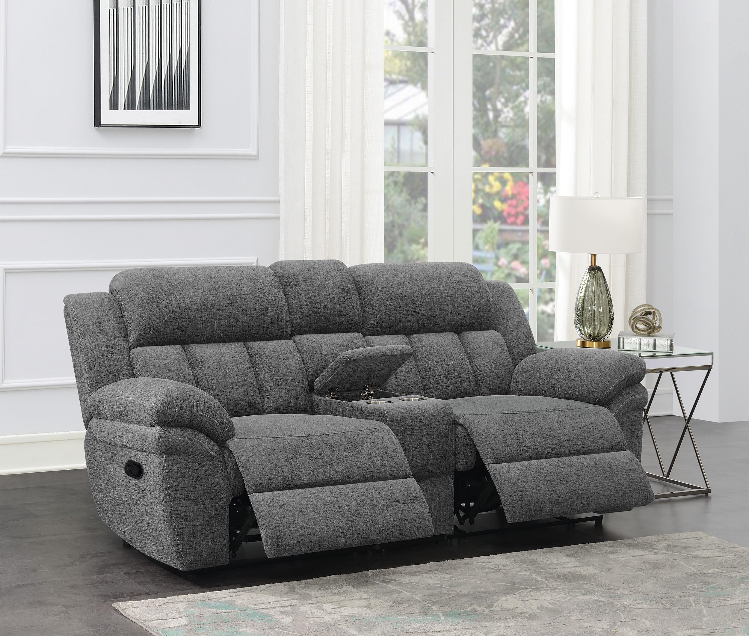 Coaster Bahrain Upholstered Modern Chenille Motion Loveseat Console in Charcoal