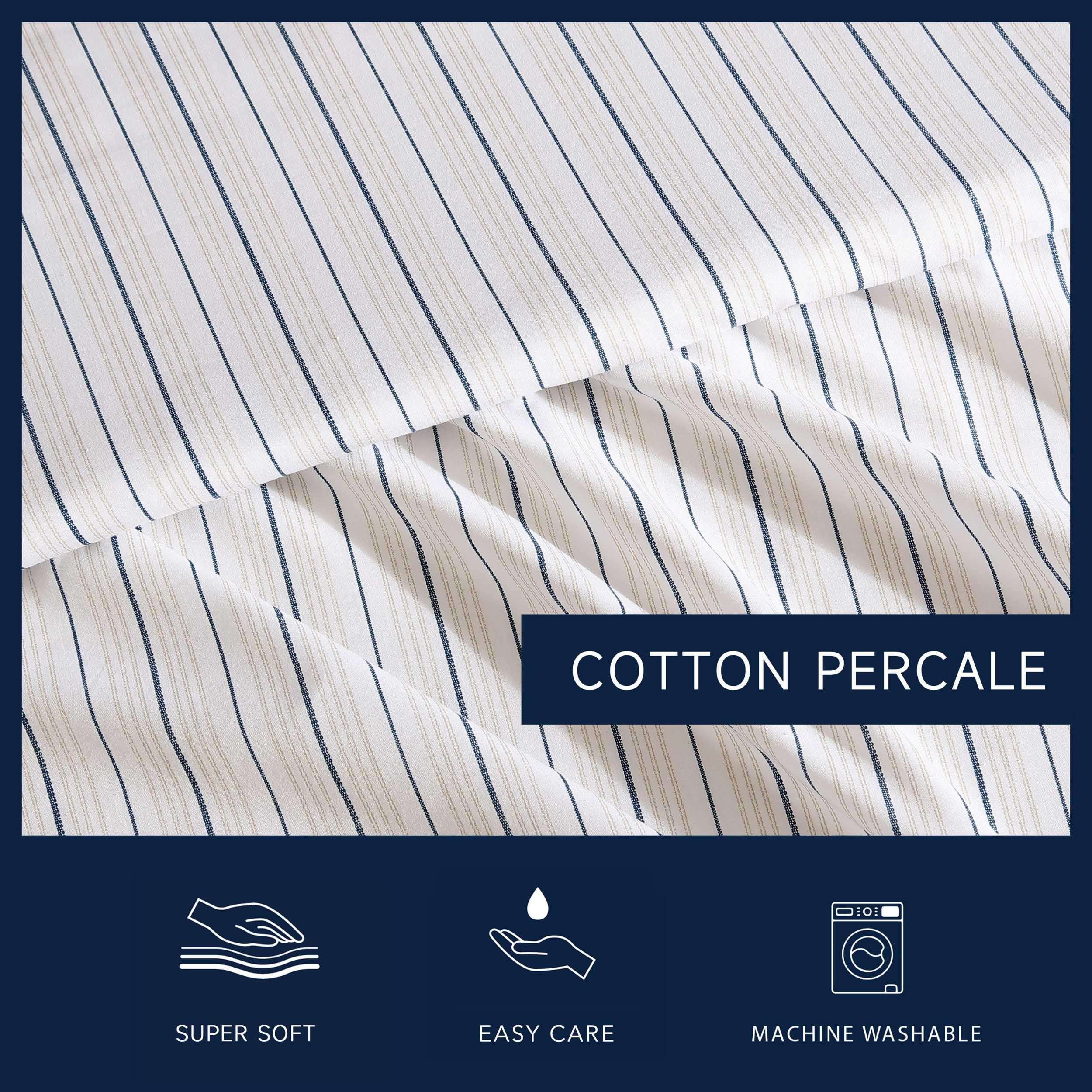Nautica - King Sheets, Premium Cotton Percale Bedding Set, Striped Bedding Set, Oeko-Tex Certified (Beaux Stripe Blue, King)