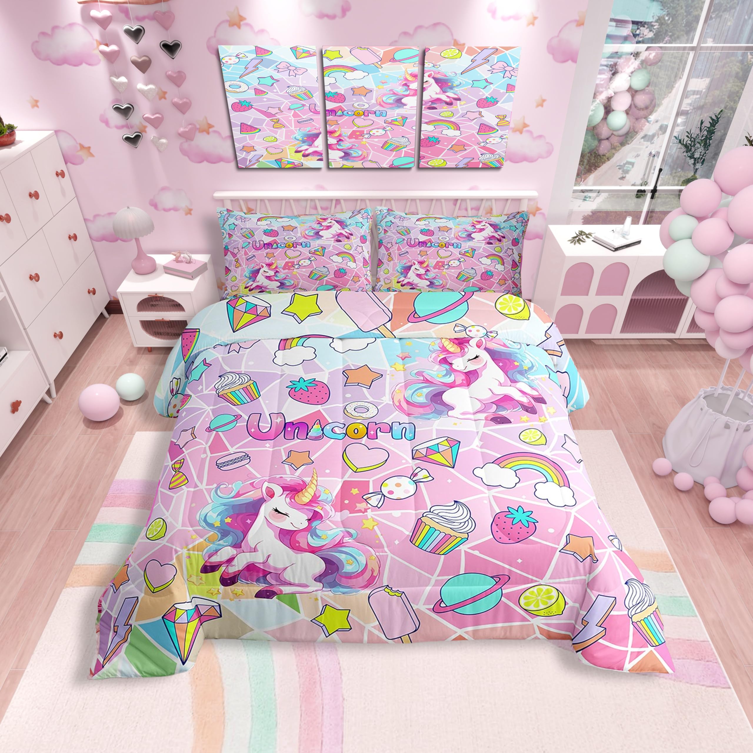 Kids Unicorn Comforter Queen For Womem Girls,Queen Size Colorful Cartoon Rainbow Candy Cakes Hearts Quilt Comforter With 2 Pillo