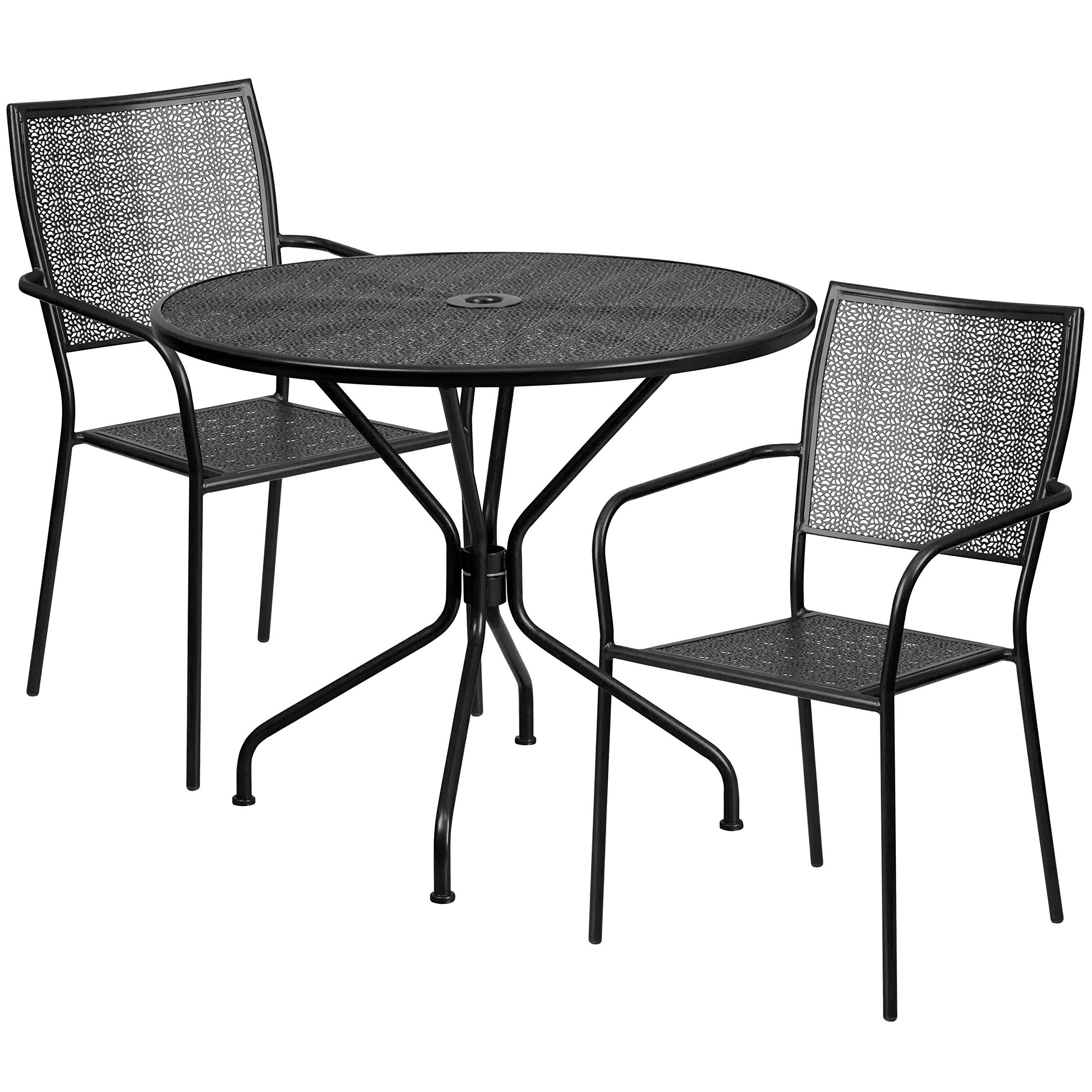 Flash Furniture Commercial Grade 35.25' Round Black Indoor-Outdoor Steel Patio Table Set With 2 Square Back Chairs