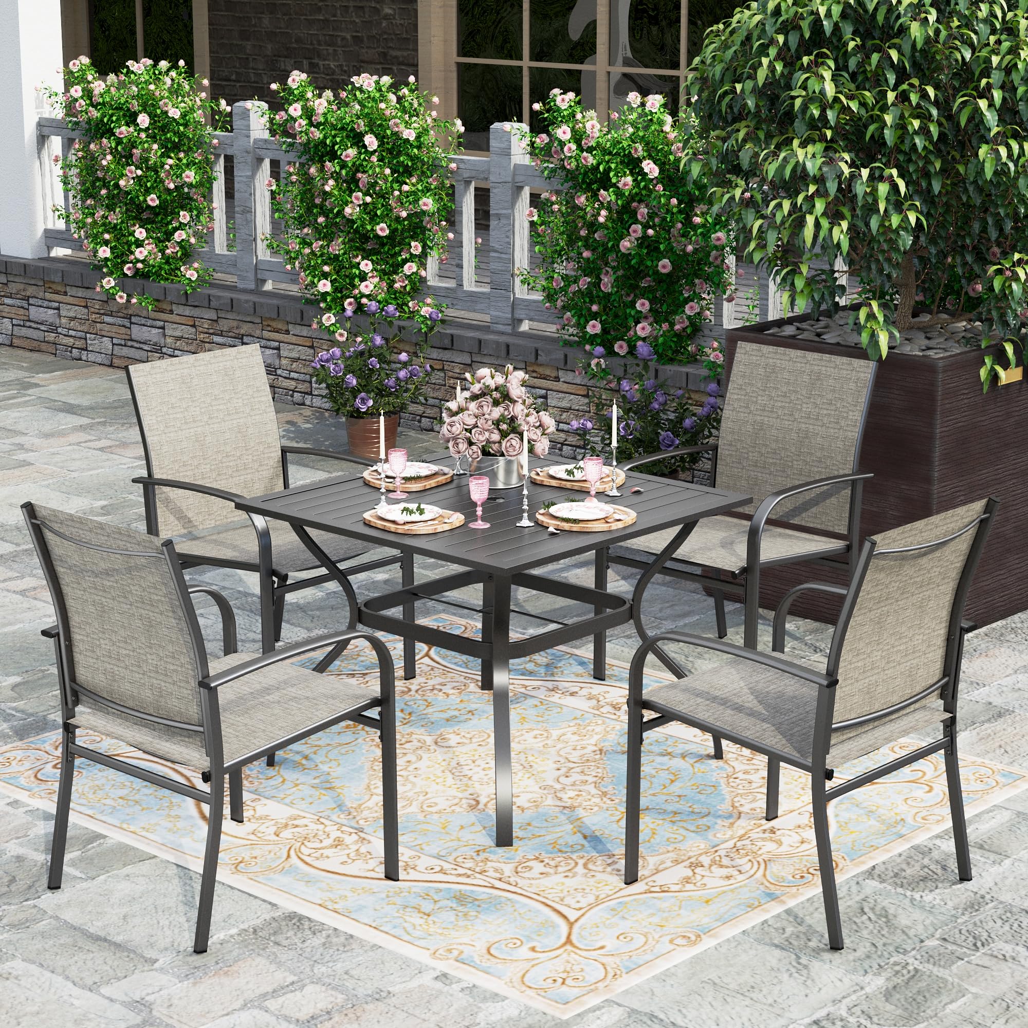 Hera'S House 5 Pieces Patio Dining Set, Outdoor Table And Chairs Set For 4, 4 X Brown Textilene Dining Chair, 37'' Square Metal
