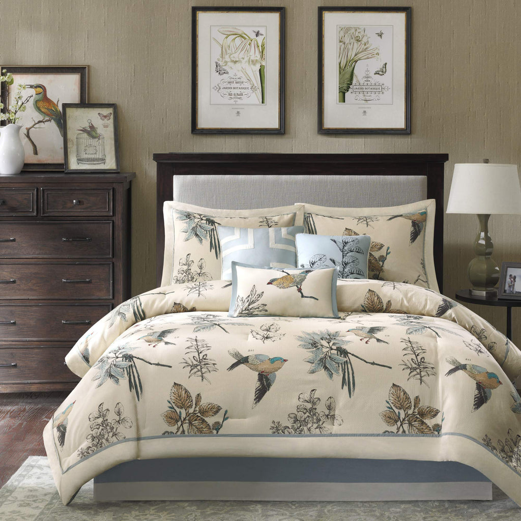 Madison Park Quincy Cozy Comforter Nature Scenery Design - All Season Bedding, Matching Bed Skirt, Decorative Pillows, Quincy, Leaf & Bird Khaki Queen(90'X90') 7 Piece
