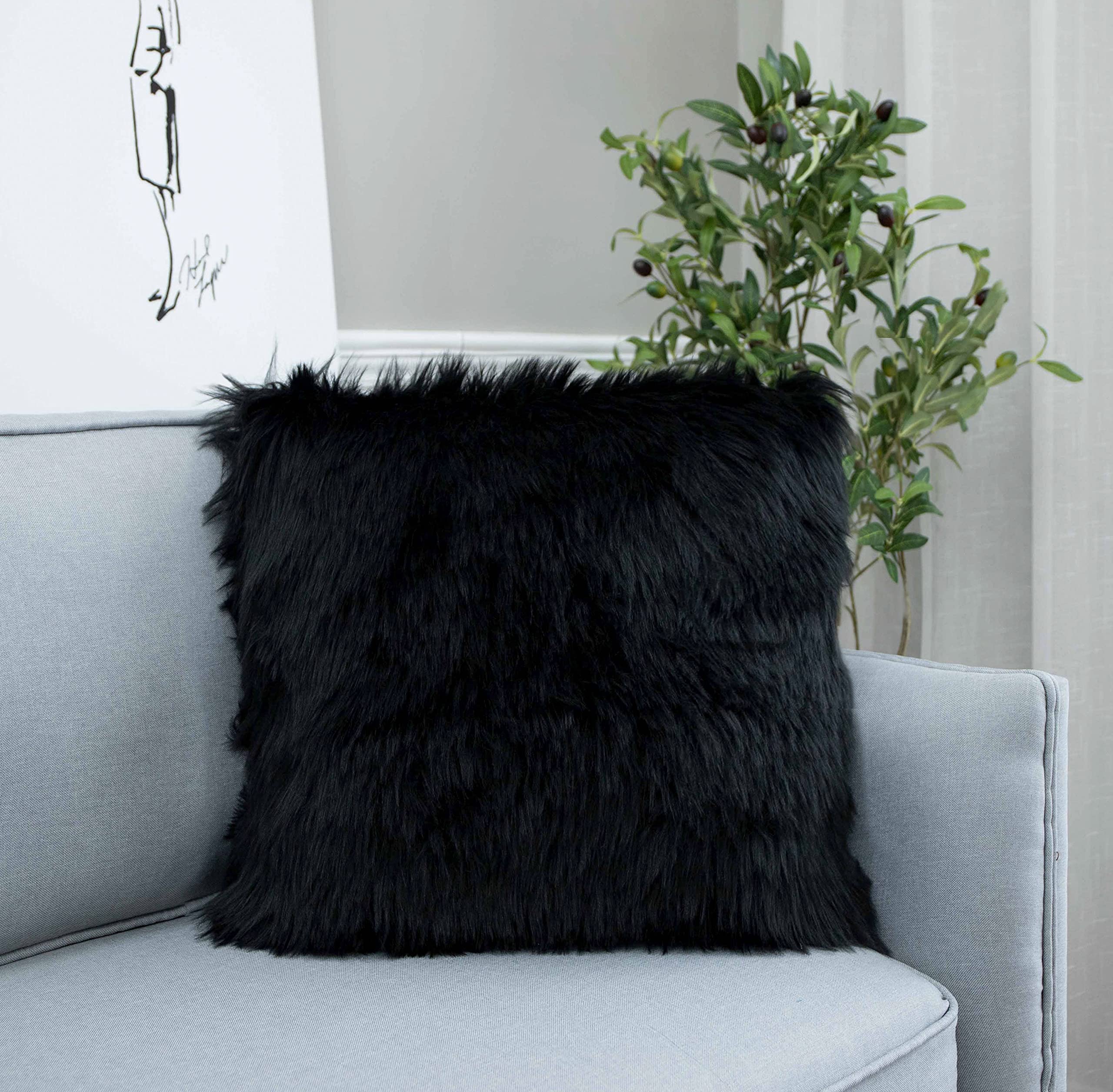 Ligicky Decorative Black Fluffy Throw Pillow Cover Faux Fur Shams Pillow Case Luxury Series Square Soft Plush Cushion Cover For
