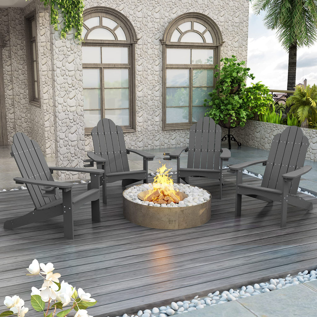 Lue Bona Poly Lumber Adirondack Chairs Set Of 4, Dark Gray Adirondack Chairs With Cup Holder, 350Lbs Modern Adirondack Chair Weather Resistant, Plastic Patio Adirondack Chair For Fire Pit, Backyard