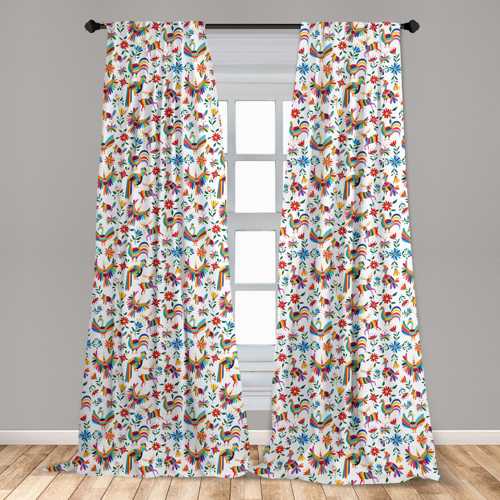 Ambesonne Mexican Window Curtains Pack Of 2, Traditional Latin American Art Design Natural Inspirations Flowers And Birds, Light