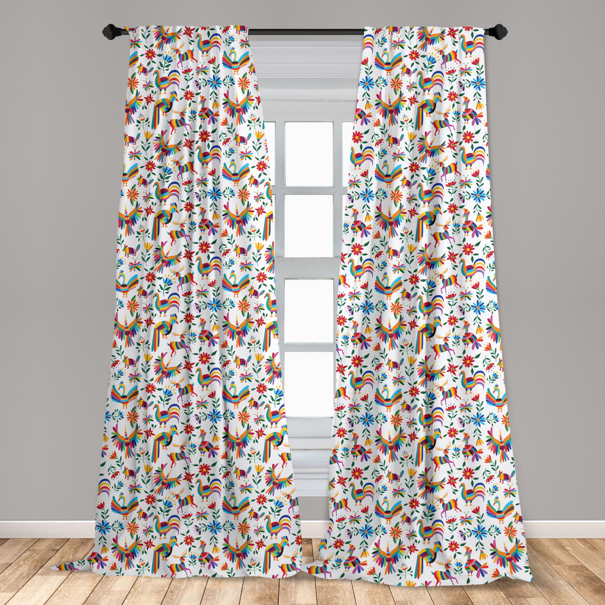 Ambesonne Mexican Window Curtains Pack Of 2, Traditional Latin American Art Design Natural Inspirations Flowers And Birds, Light