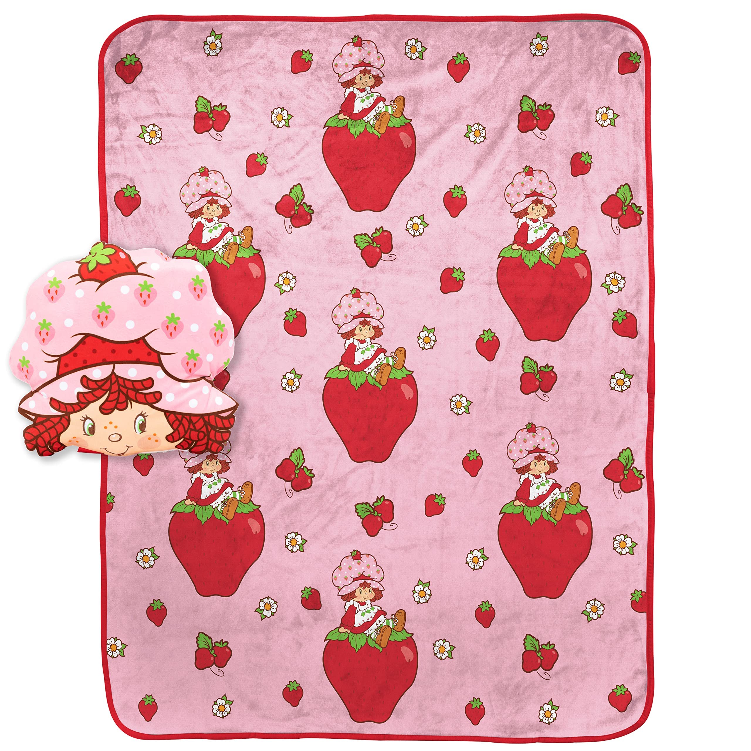 Strawberry Shortcake Pink Strawberries Galore Nogginz Set - 40 X 50 Inch Blanket & Pillow Kids Super Soft 2 Piece Set
