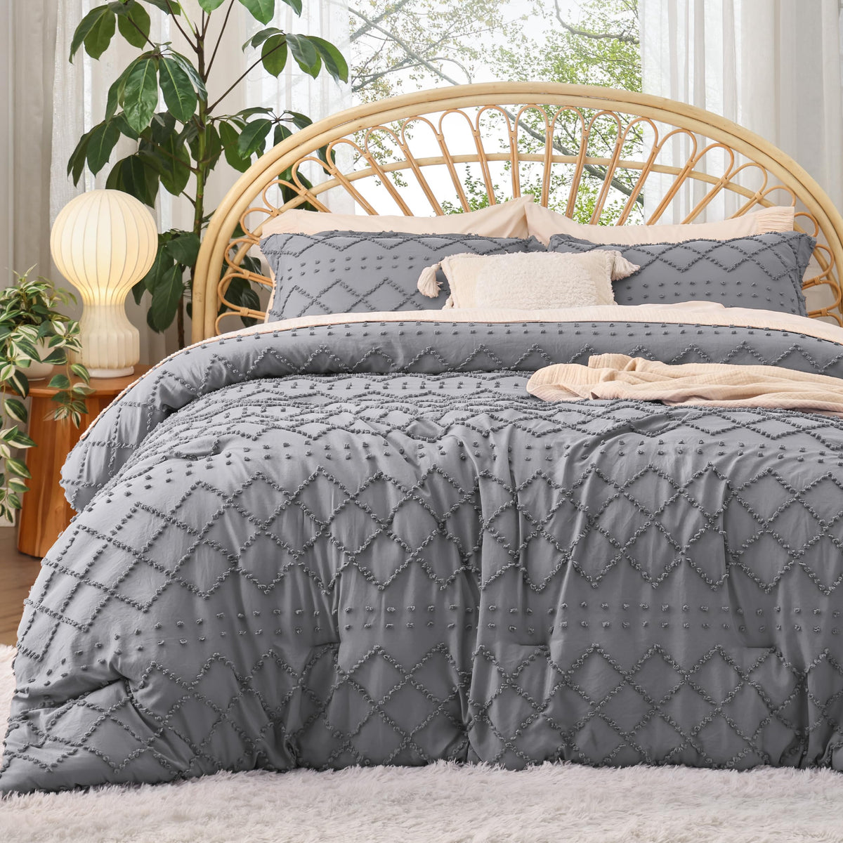 Bedsure California King Comforter Set - Grey Comforter, Boho Tufted Shabby Chic Bedding Comforter Set, 3 Pieces Farmhouse Bed Se