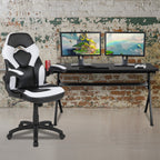 Flash Furniture Gaming Desk And White/Black Racing Chair Set /Cup Holder/Headphone Hook/Removable Mouse Pad Top - 2 Wire Management Holes