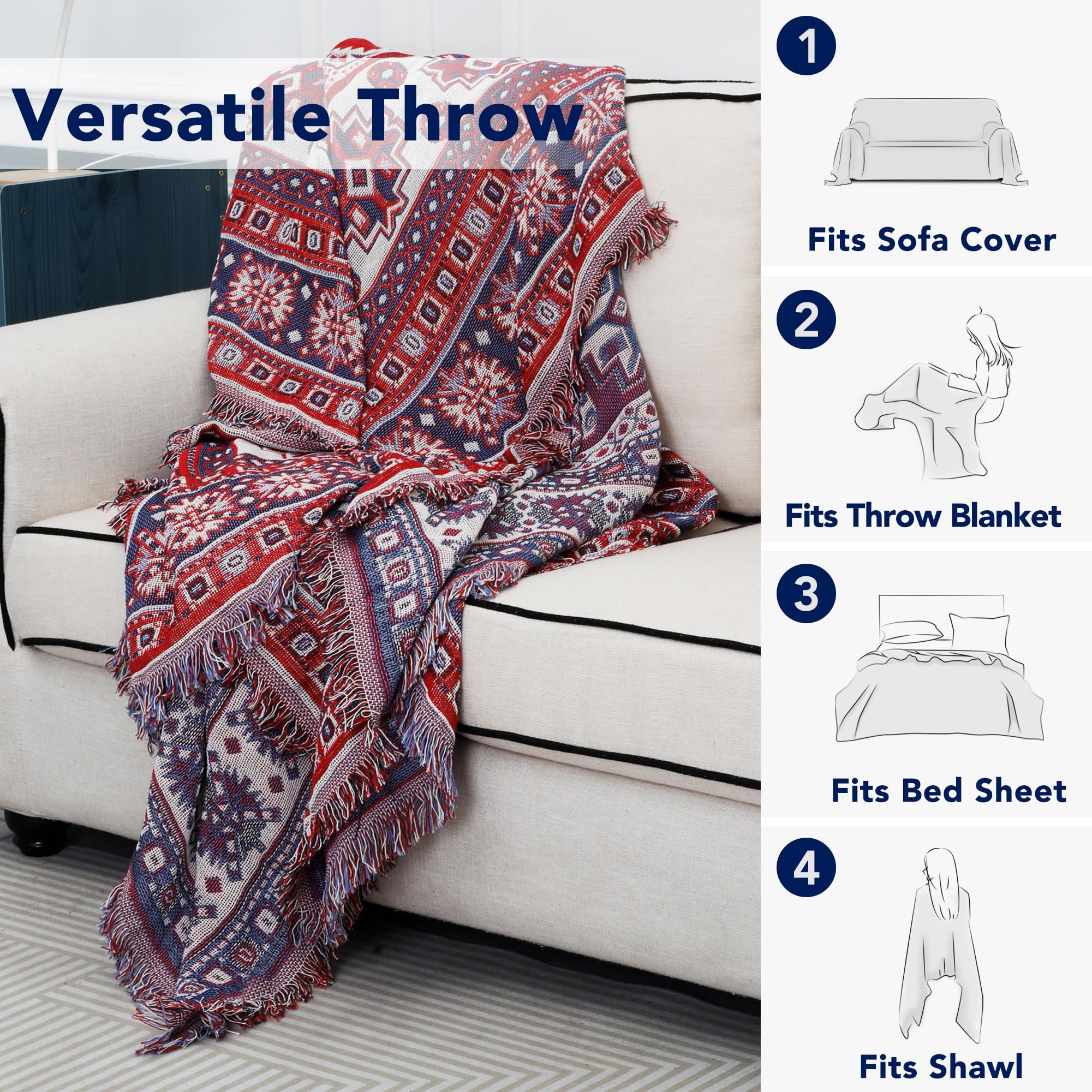 Purefit Geometric Jacquard Throw Sofa Cover - Textured Soft Washable Decorative Couch Covers For 3 Cushion Couch, Throw Cover With Tassels Furniture Protector For Pets, Kids (Large, Bohemia Red)