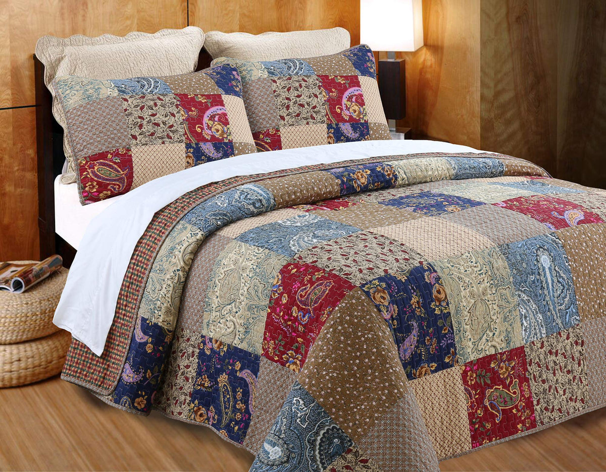 Cozy Line Home Fashions Sanders Brown Floral Real Patchwork, 100% Cotton Reversible Quilt Bedding Set,Coverlet, Bedspread(Red Na