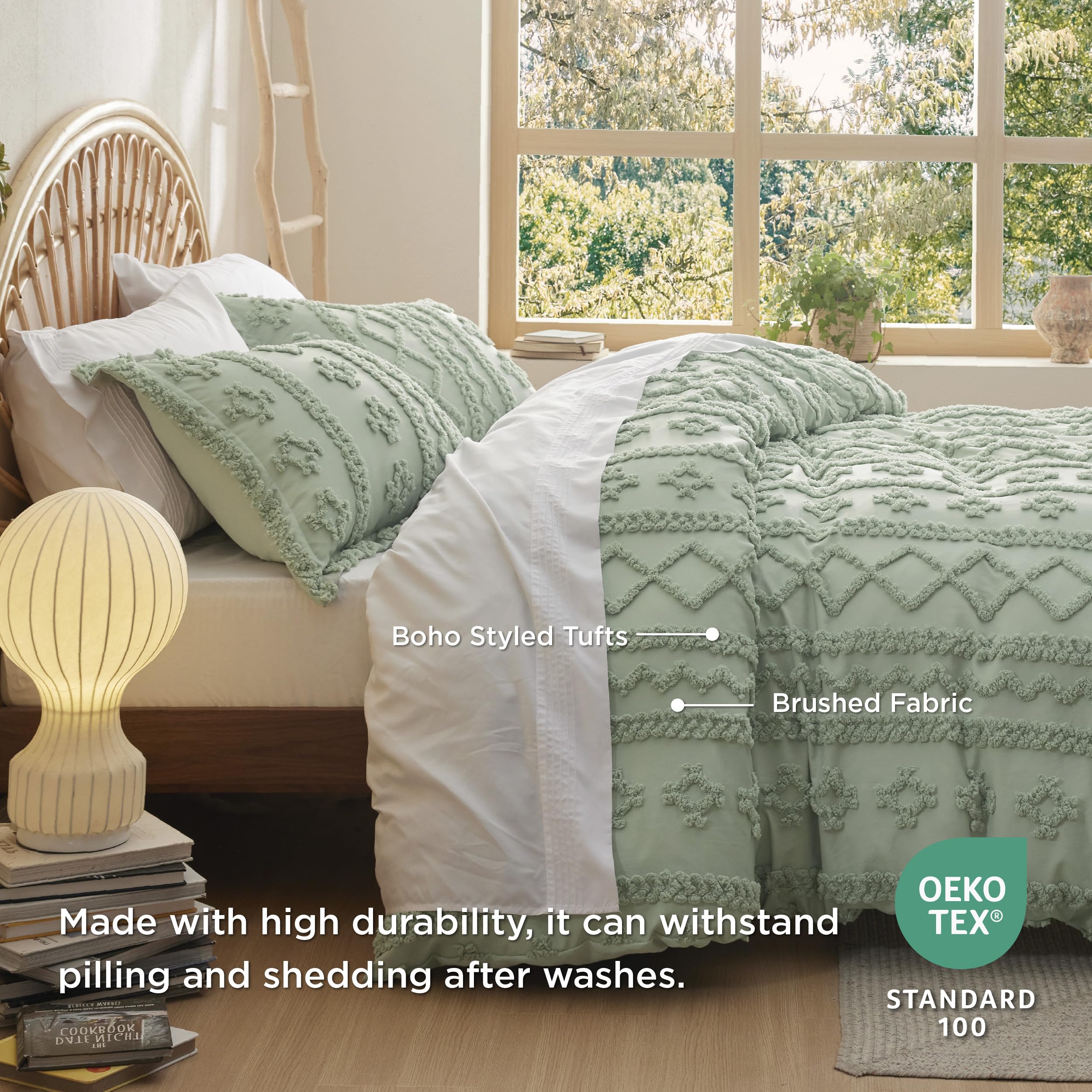Bedsure Boho Duvet Cover Queen Size - Tufted Duvet Cover Queen Set For All Seasons, 3 Pieces Soft Shabby Chic Embroidery Boho Bedding, Comforter Not Included (Light Green, 90' X 90')