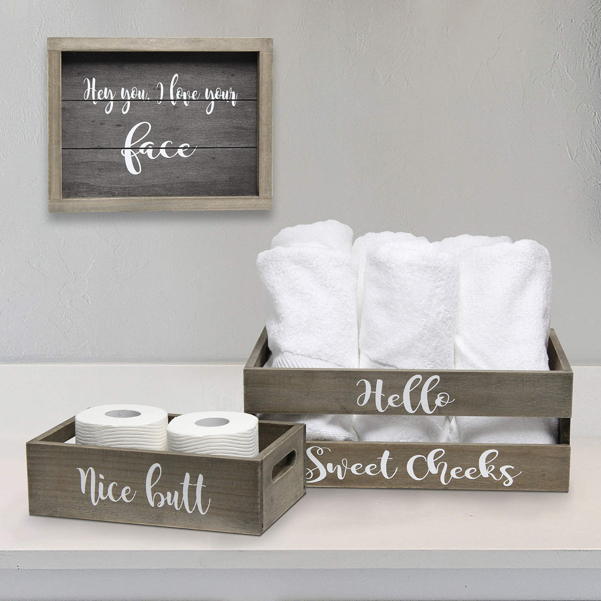 Elegant Designs Hg3000-Rgc Three Piece Decorative Wood Bathroom Set, Large, Cheeky (1 Towel Holder, 1 Frame, 1 Toilet Paper Holder)