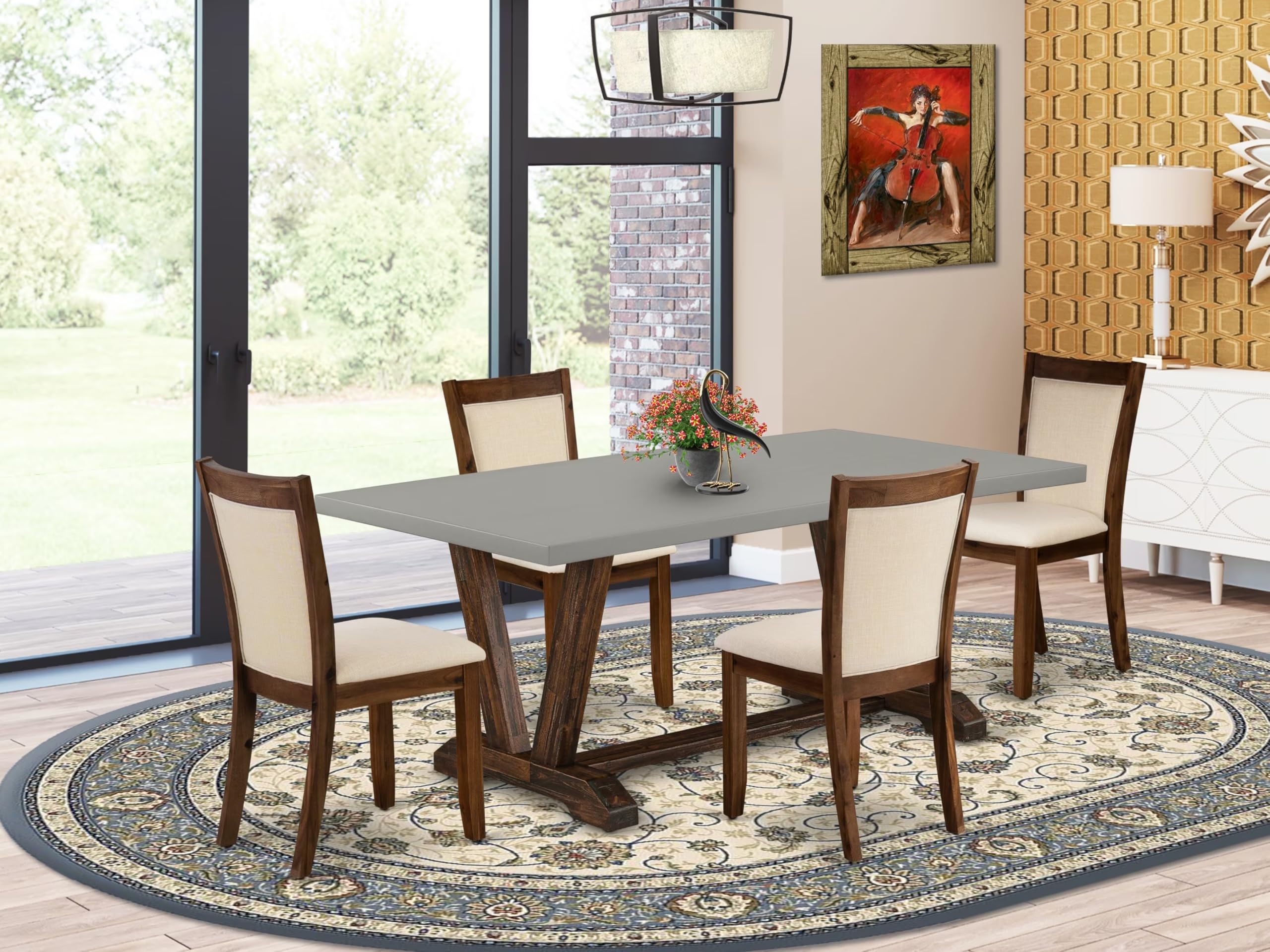 East West Furniture V797Mzn32-5 5 Piece Kitchen Table Set Includes A Rectangle Dining Table With V-Legs And 4 Light Beige Linen Fabric Parson Dining Room Chairs, 40X72 Inch, Multi-Color