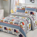 2 Pc Twin Size Quilt Bedspread Kids/Teens Boys Transportaions Cars Trucks Bus Traffic Lights City Streets Taxi White Blue Grey Y