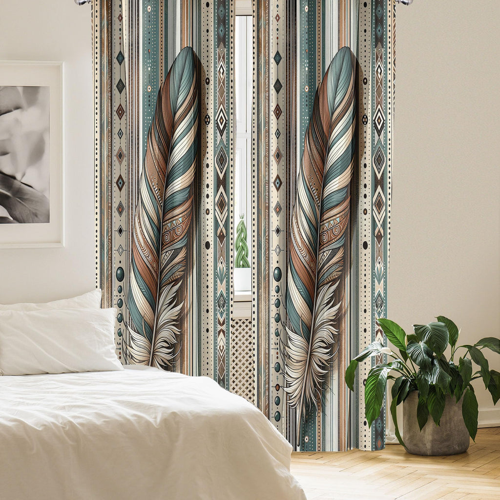 Ambesonne Bohemian Window Curtains Pack Of 2, Bold And Big Feather Motif On Southwestern Inspired Striped Print, Lightweight Set