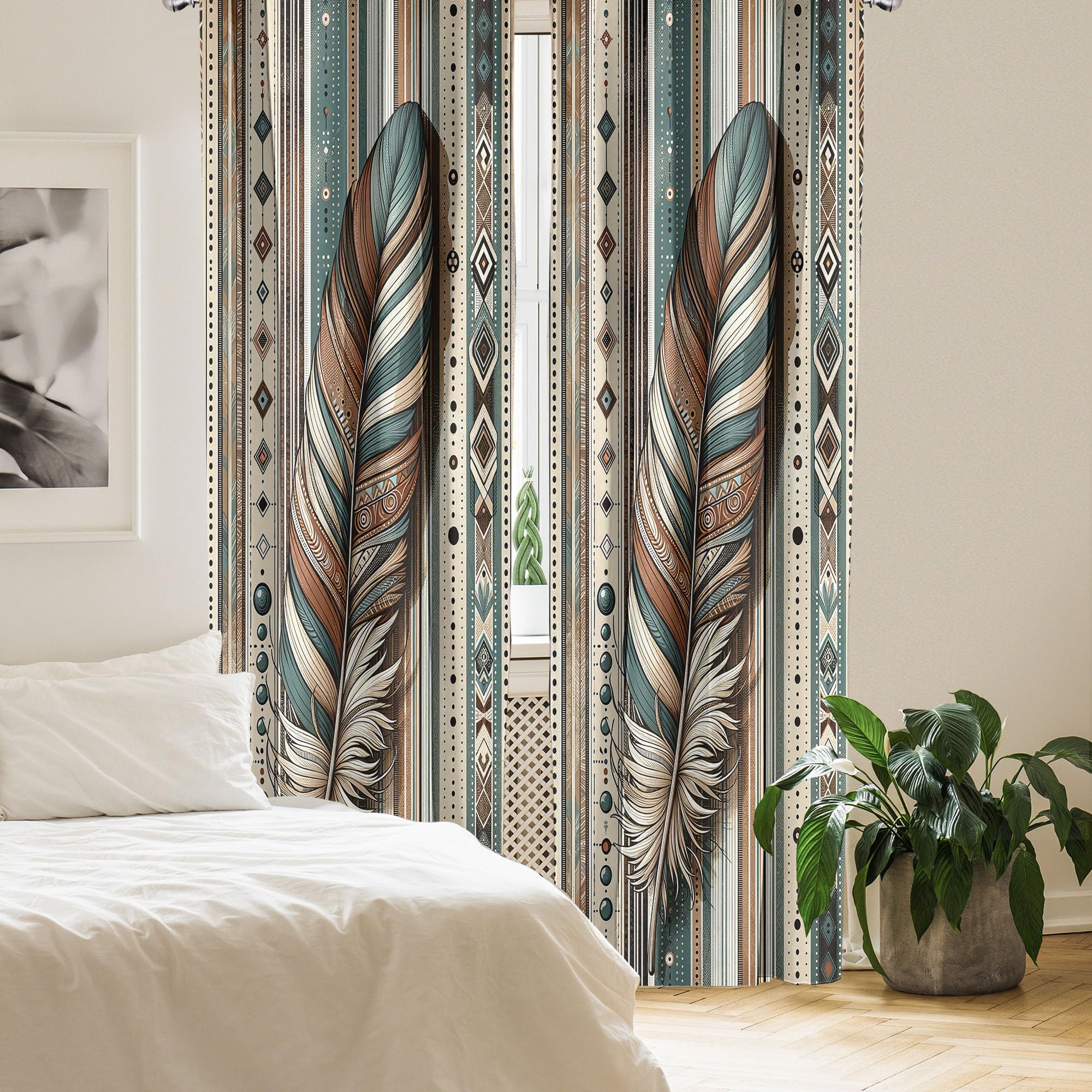 Ambesonne Bohemian Window Curtains Pack Of 2, Bold And Big Feather Motif On Southwestern Inspired Striped Print, Lightweight Set