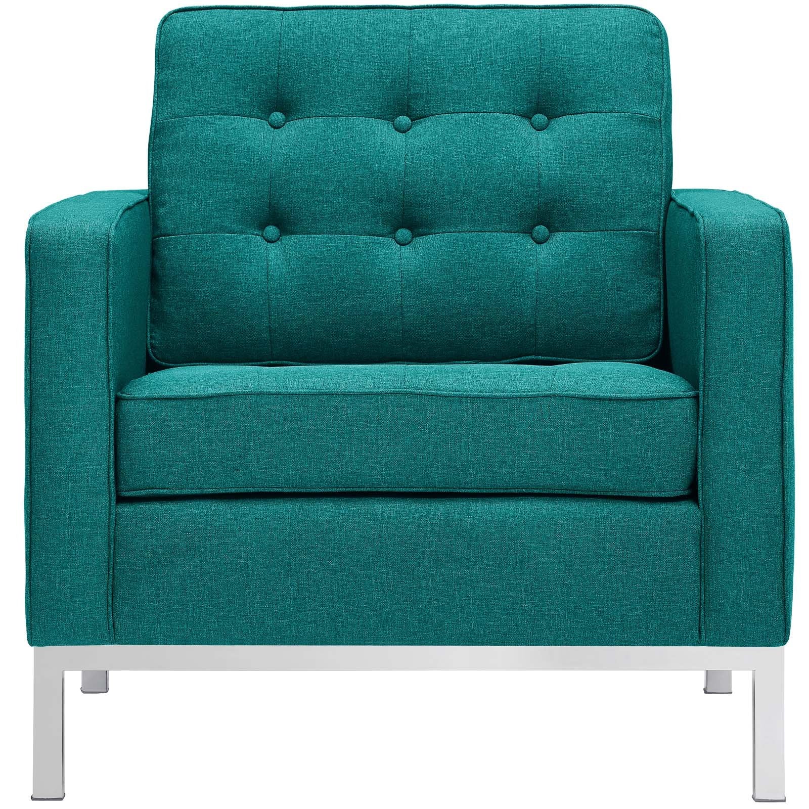 Modway Loft Upholstered Fabric Mid-Century Modern Accent Arm Lounge Chairs In Teal - Set Of 2