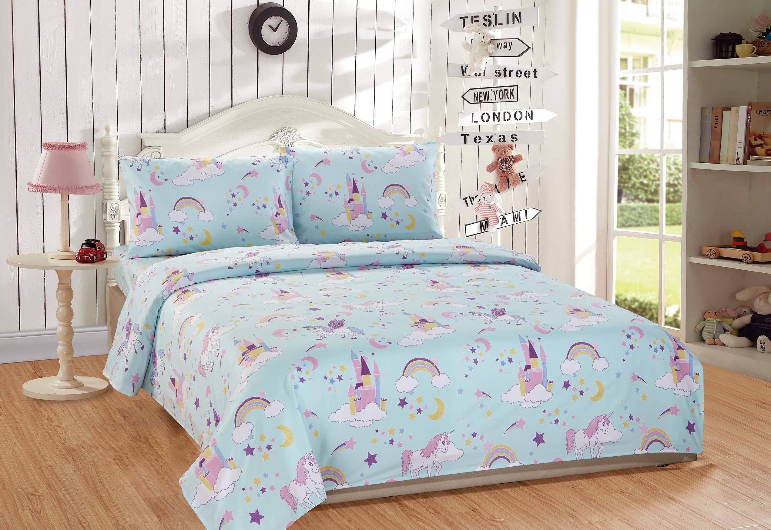 Linen Plus Sheet Set For Girls/Teens Unicorn Rainbow Castle Blue Purple Yellow White Flat Sheet Fitted Sheet And Pillow Case Twi