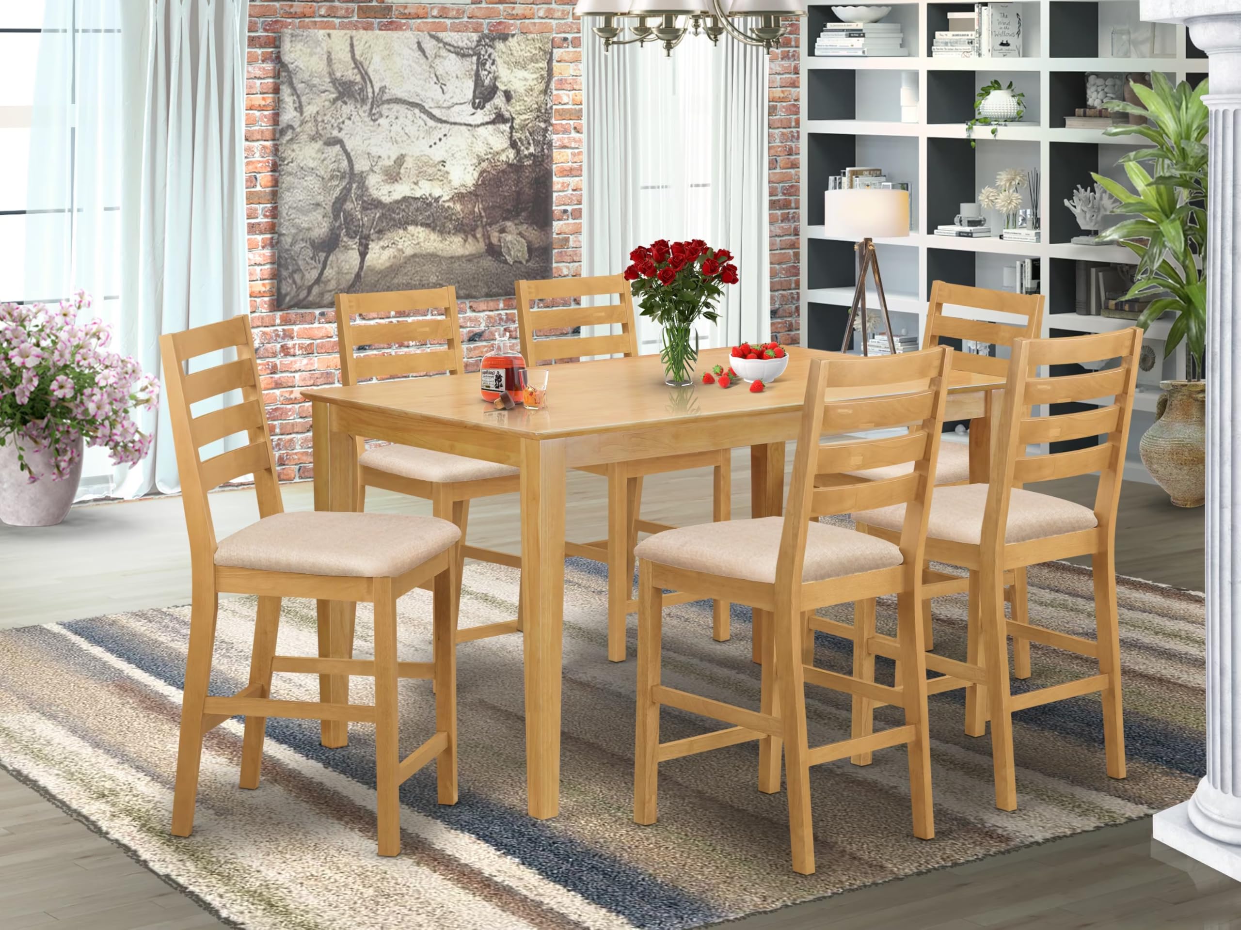 East West Furniture CACF7H-OAK-C Capri 7 Piece Kitchen Counter Set Consist of a Rectangle Table and 6 Linen Fabric Dining Room Chairs, 36x60 Inch, Oak