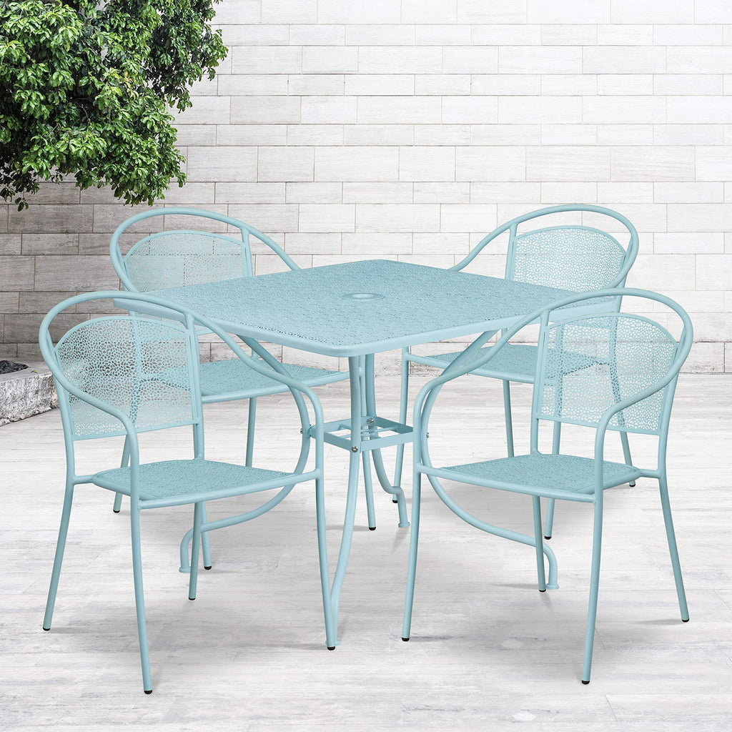 Flash Furniture Oia Commercial Grade 35.5" Square Sky Blue Indoor-Outdoor Steel Patio Table Set With 4 Round Back Chairs