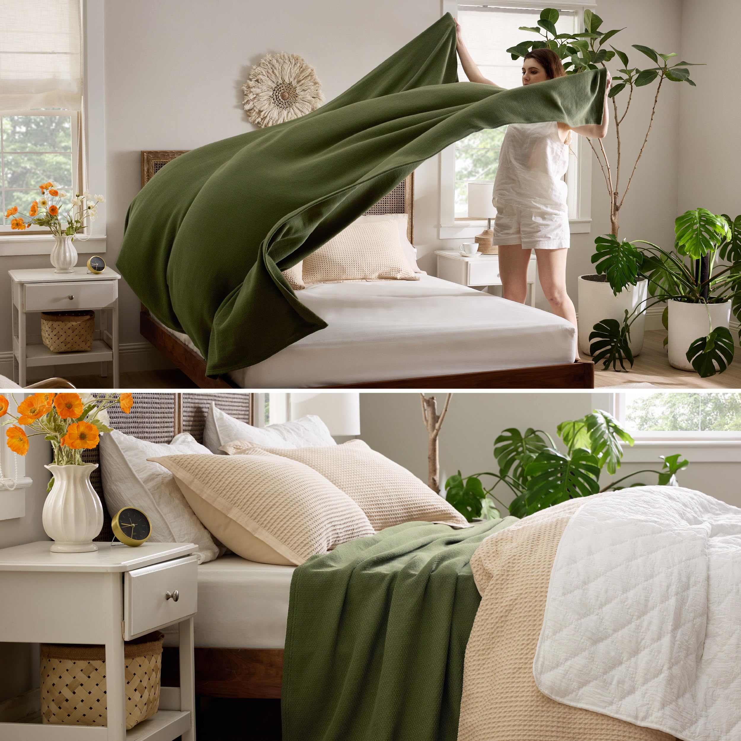 Bedsure 100% Cotton Blanket Queen Size For Bed - Breathable And Lightweight, Soft Cozy Textured Herringbone Woven Blanket For Summer Spring, Olive Green, 90X90 Inches