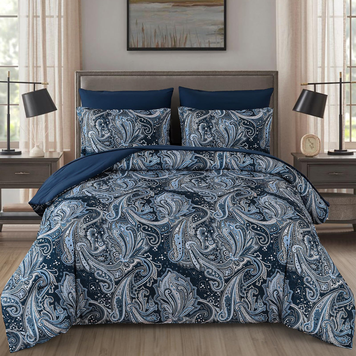 Djy Navy Paisley Comforter Set Queen Size 7 Piece Bed In A Bag Boho Paisley Pattern Comforter Set Soft Lightweight Microfiber Bl
