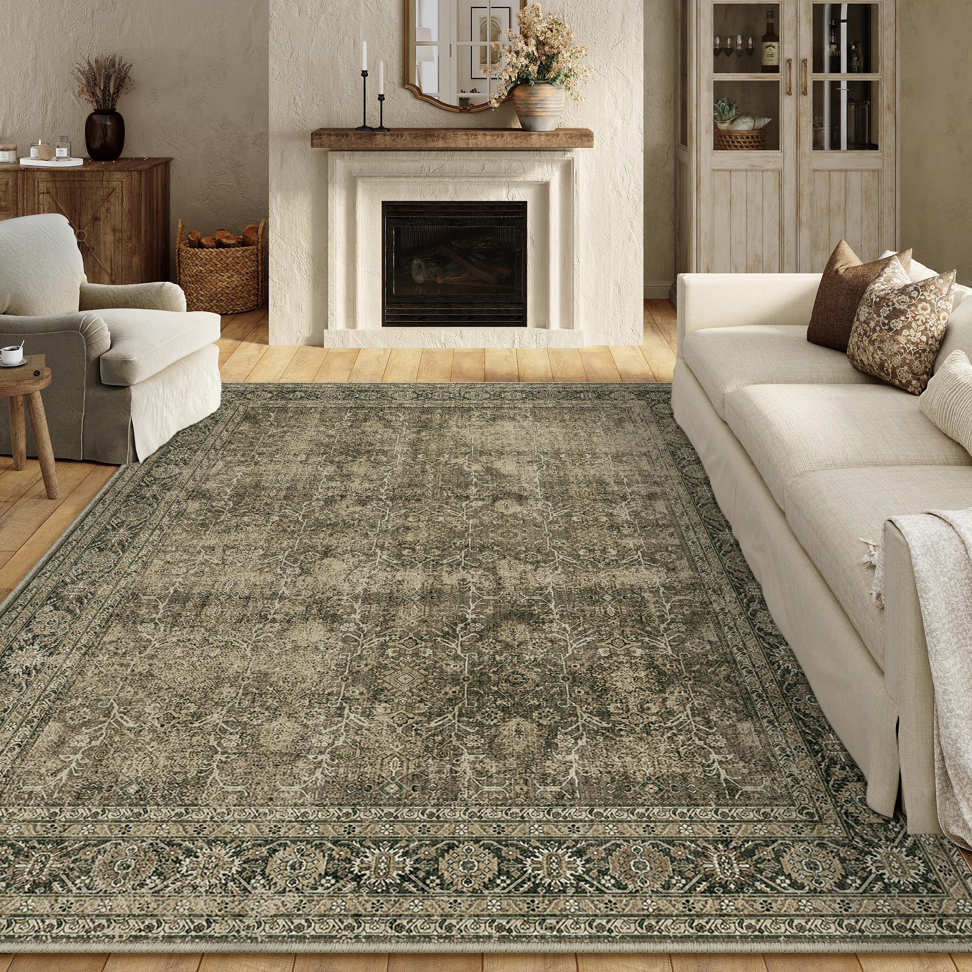 PureCozy Vintage Area Rug 8x10 Light Brown Washable Living Room Bedroom Indoor Carpet Tribal Distressed Retro Accent Throw Rug f