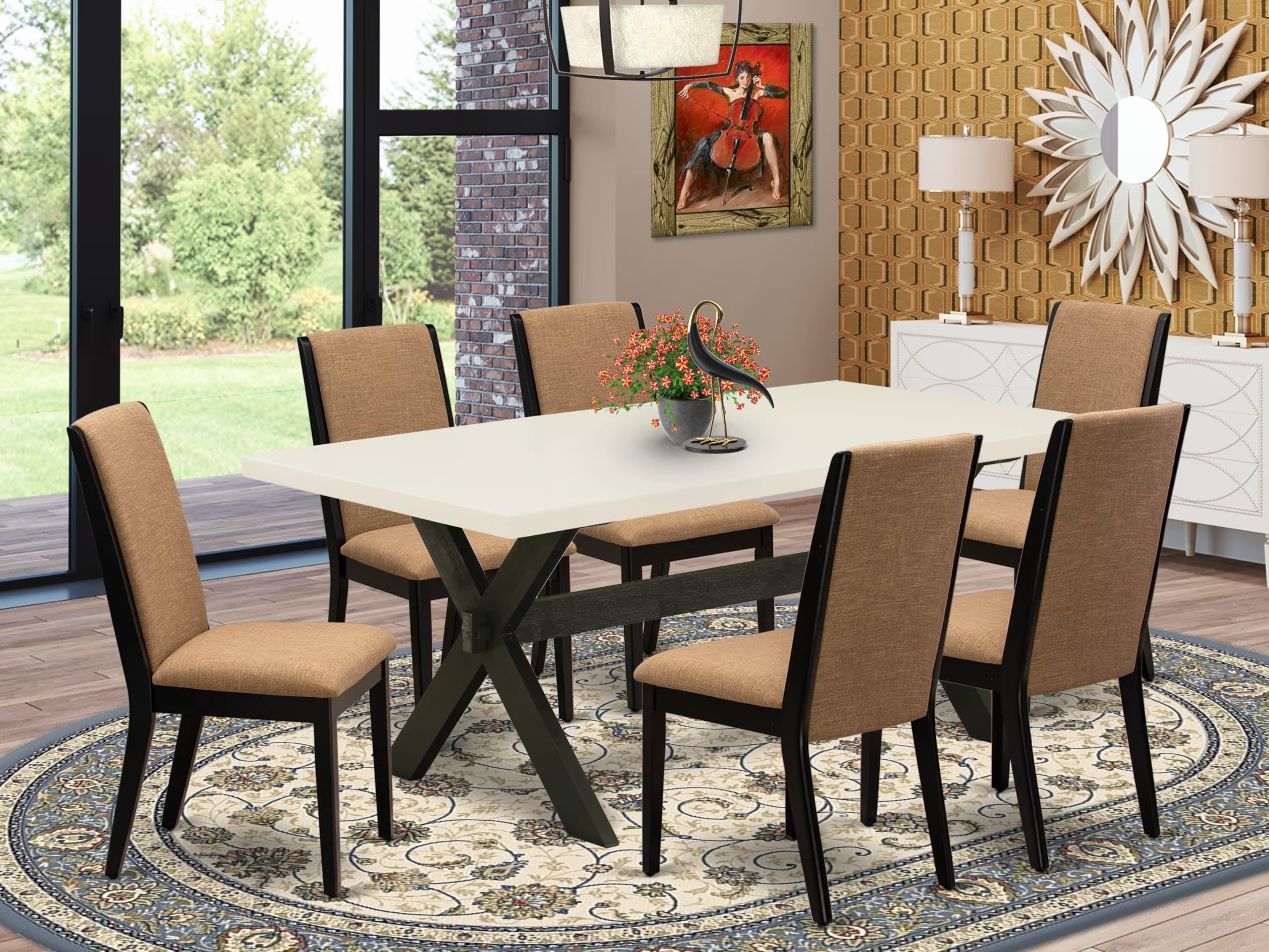 East West Furniture X627La147-7 7 Piece Dining Table Set Consist Of A Rectangle Dining Room Table With X-Legs And 6 Light Sable Linen Fabric Upholstered Chairs, 40X72 Inch, Multi-Color