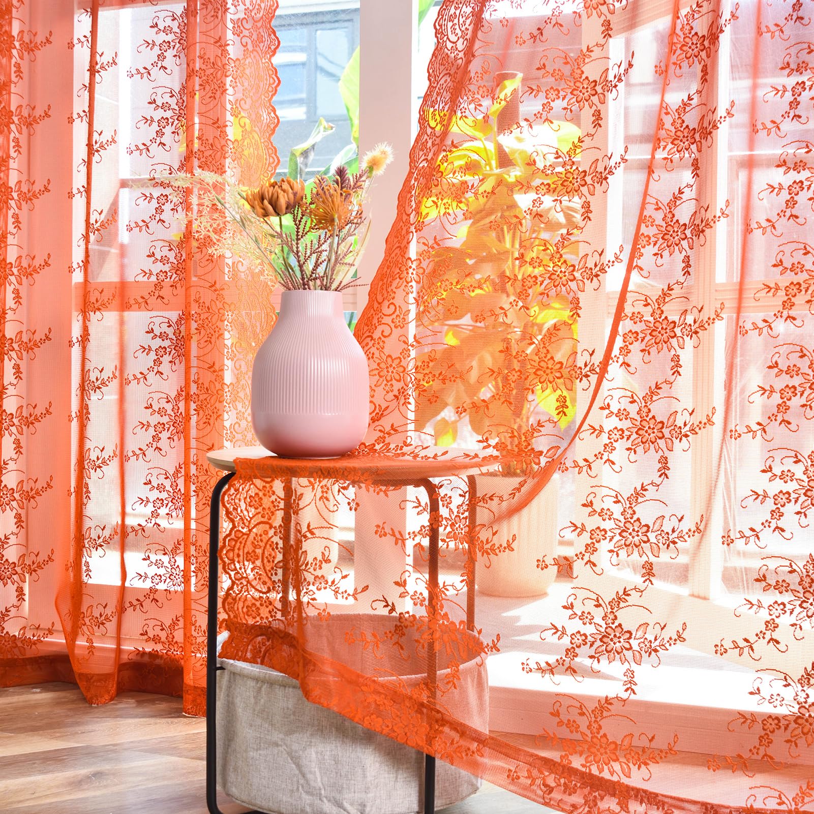 Kotile Orange Lace Curtains 45 Inch Length For Kitchen Window, Rustic Vine Floral Rust Fall Sheer Curtains, Rod Pocket Privacy S