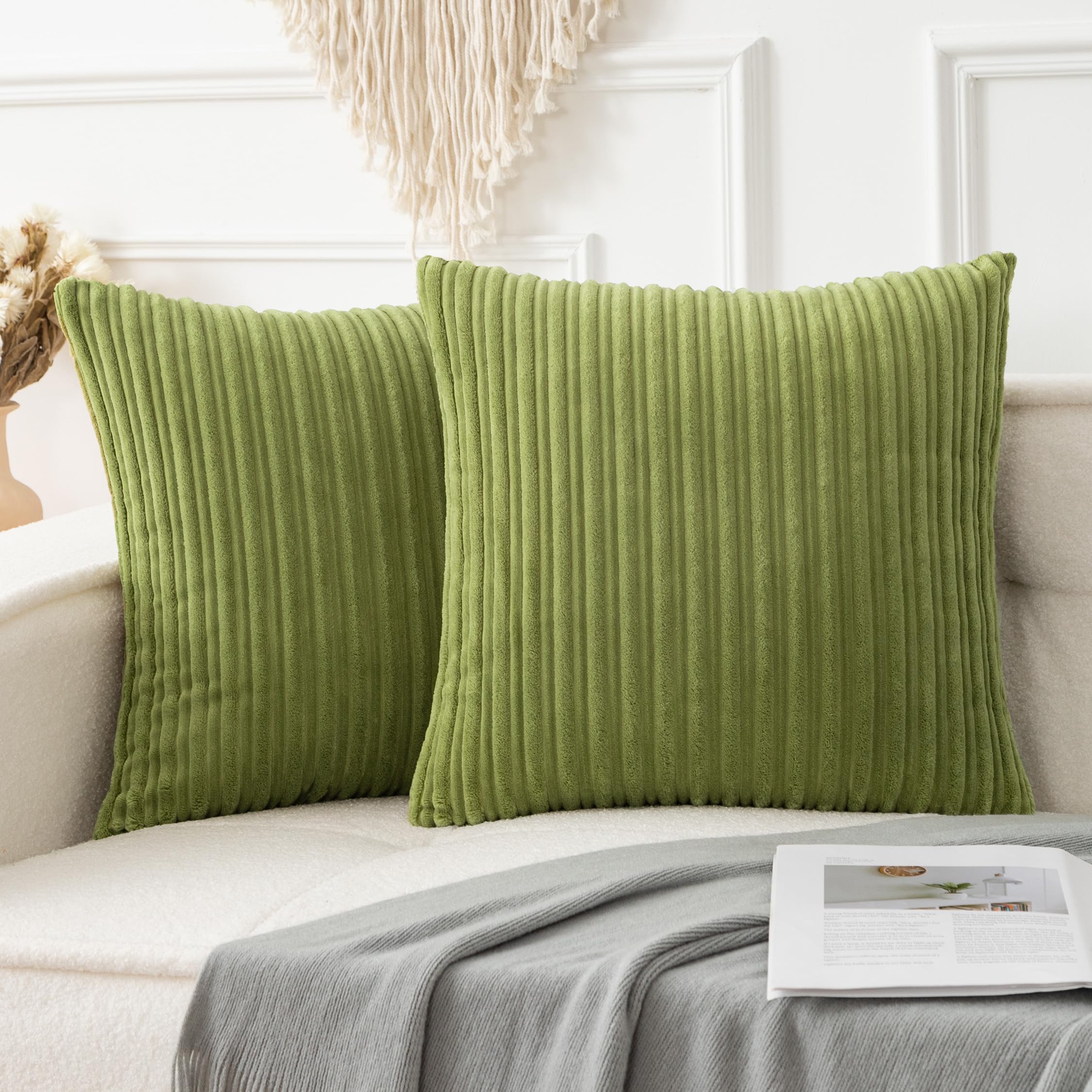 Ugasa Plush Velvet Corduroy Throw Euro Pillow Sham Cushion Cover For Bed, 2 Pcs, 26' X 26' (66 X 66 Cm), Green