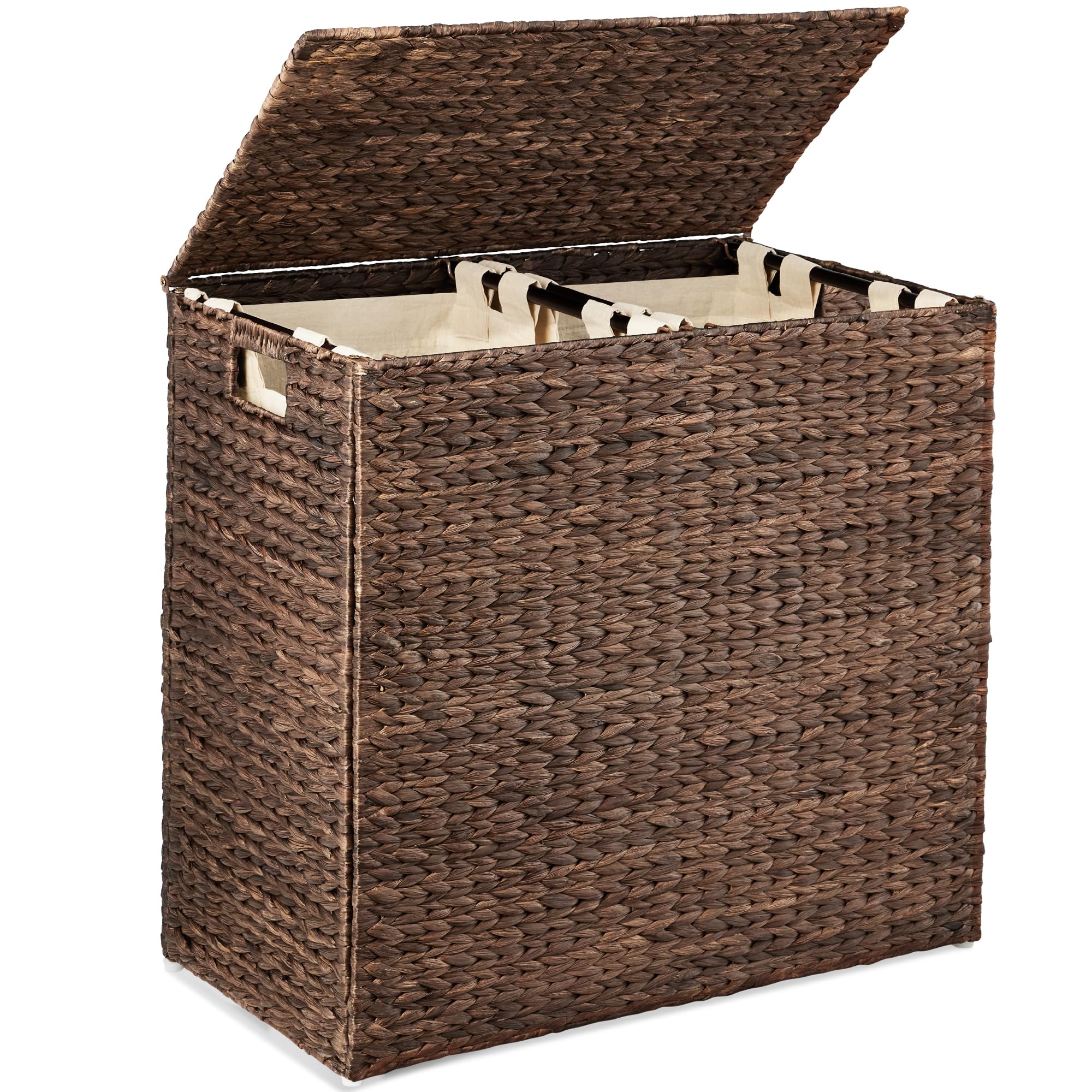 Best Choice Products Large Double Laundry Hamper with Lid, Natural Handwoven Water Hyacinth, 2 Sections w/ 2 Machine Washable Li